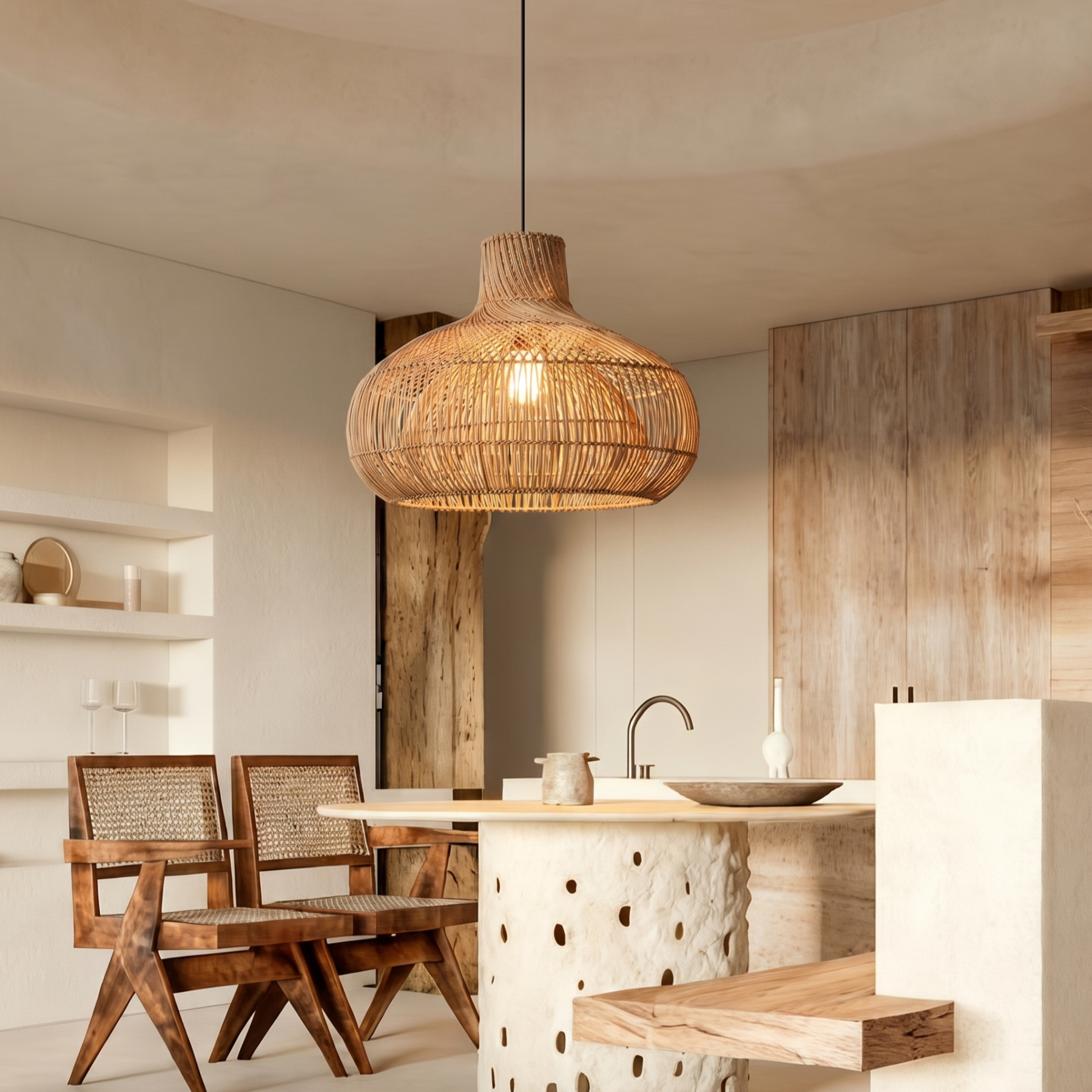 Boho Hand-Woven Rattan Pendant Light, Large Dome-Shaped Wicker Hanging Lamp for Kitchen Islands Dining Rooms