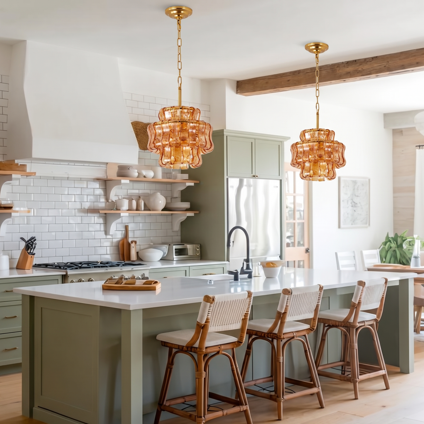 Amber glass pendant light with sculptural layered shade and brass chain