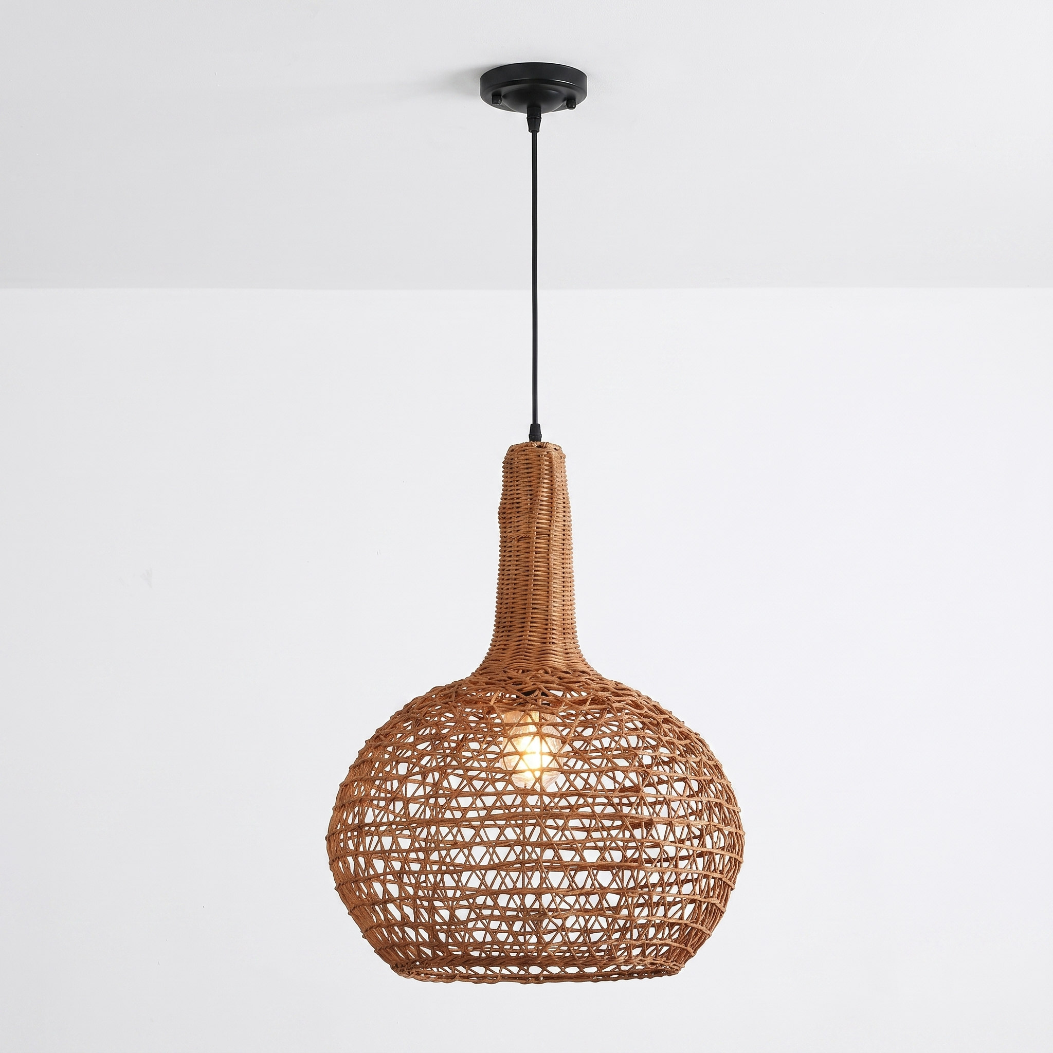 Woven Rattan Basket Pendant Light Boho Coastal Hanging Light Fixture for Dining Room Kitchen
