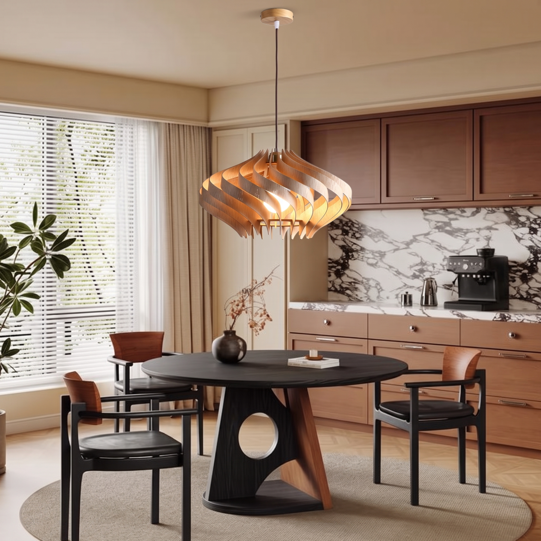 Retro Wooden Pendant Light Japandi Hanging Ceiling Lamp for Dining Room Kitchen Island Living Room