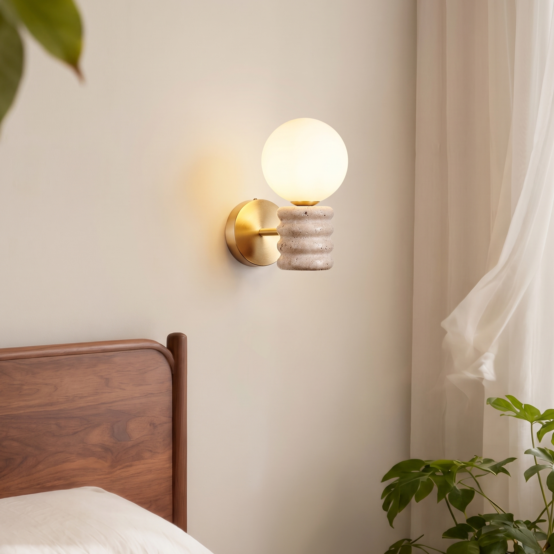 Modern Yellow Travertine Wall Sconce-Nordic Fluted Stone Wall Sconce Light for Bedroom Living Room Hallway