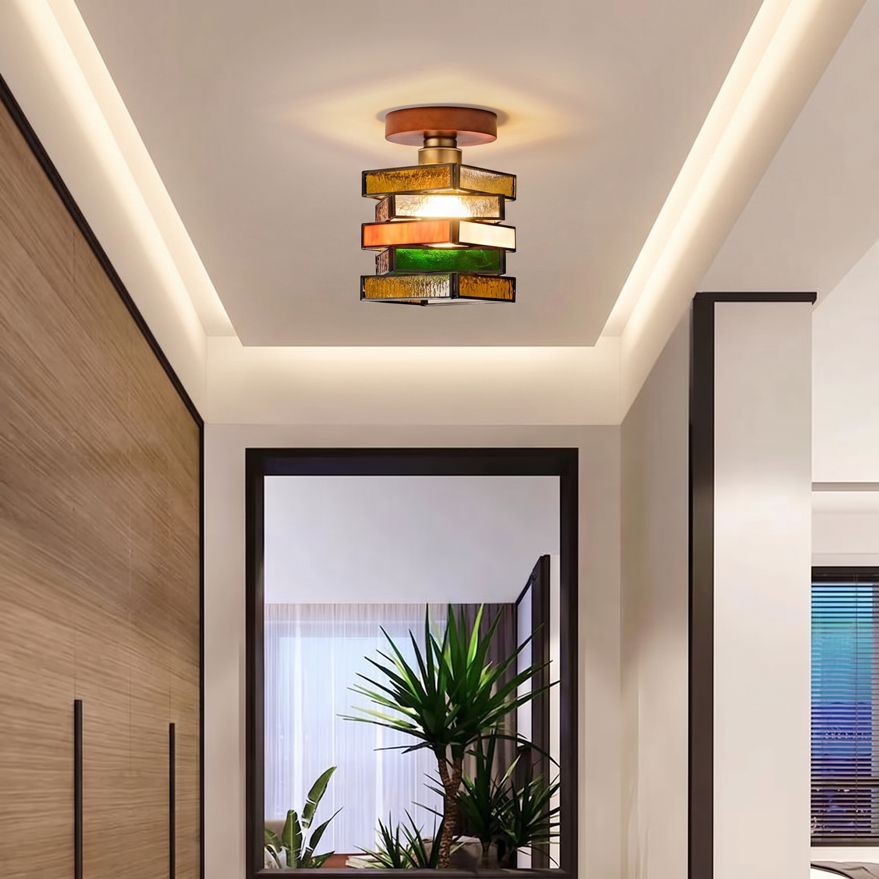 Retro Mid-Century Geometric Stained Glass Ceiling Light for Hallway Entryway Bedroom