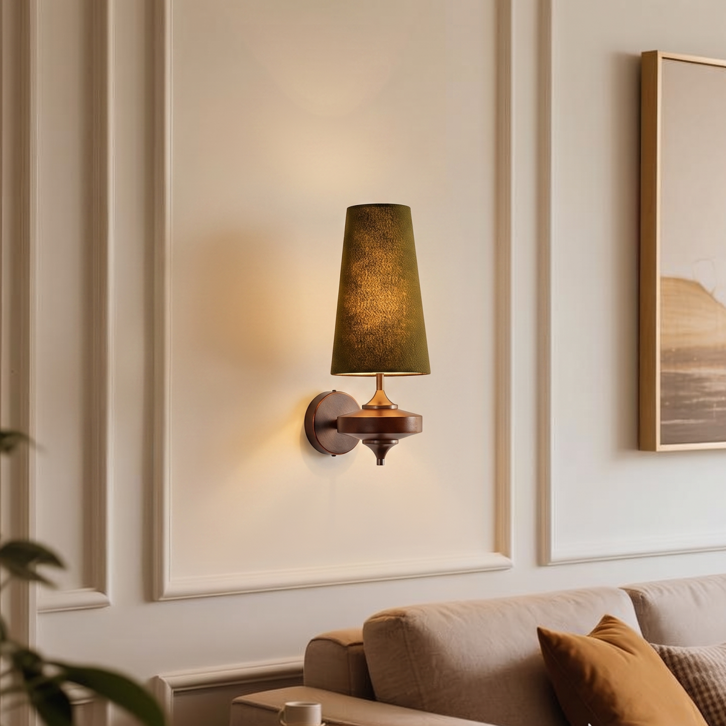 Modern Mid-Century Fabric Wall Sconce Elegant Dark Wood Accent Sconce for the Bedroom Living Room and Hallway