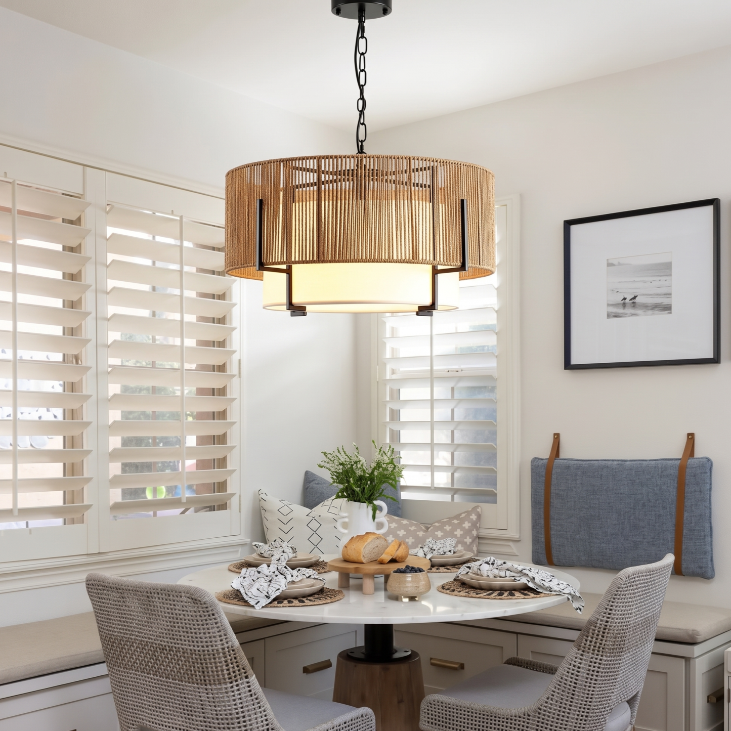 Modern Coastal Handwoven Hemp Rope Chandelier for Dining Room Living Room