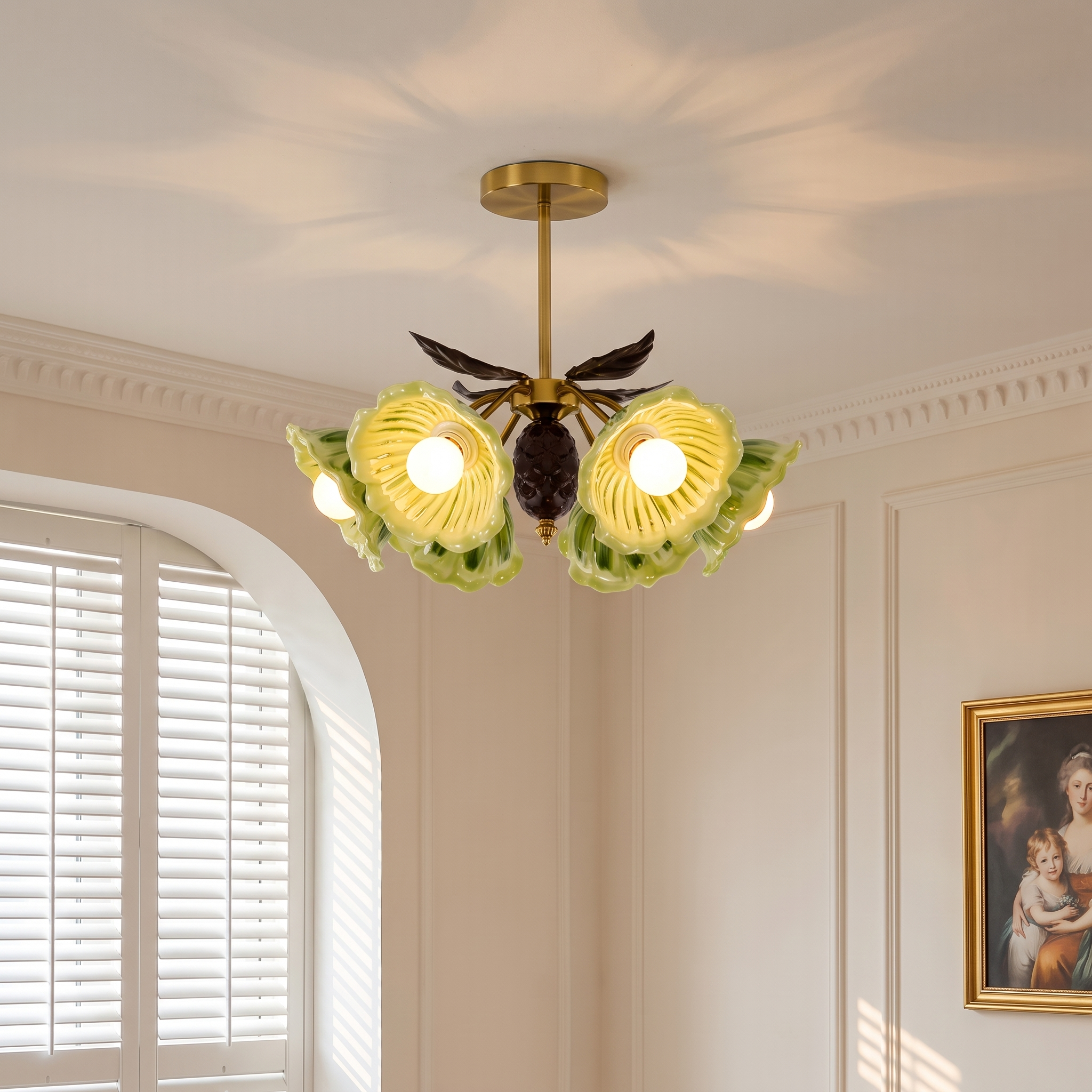 Vintage Green Art Ceramics Semi-Flush Mount Ceiling Light for Living Room Bedroom