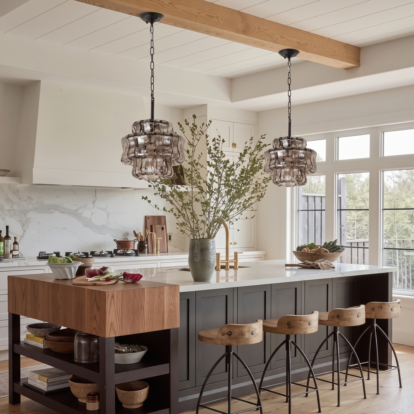 Vintage Ribbed Glass Pendant Light Mid-Century Modern Chandelier for Kitchen Island Dining Room 