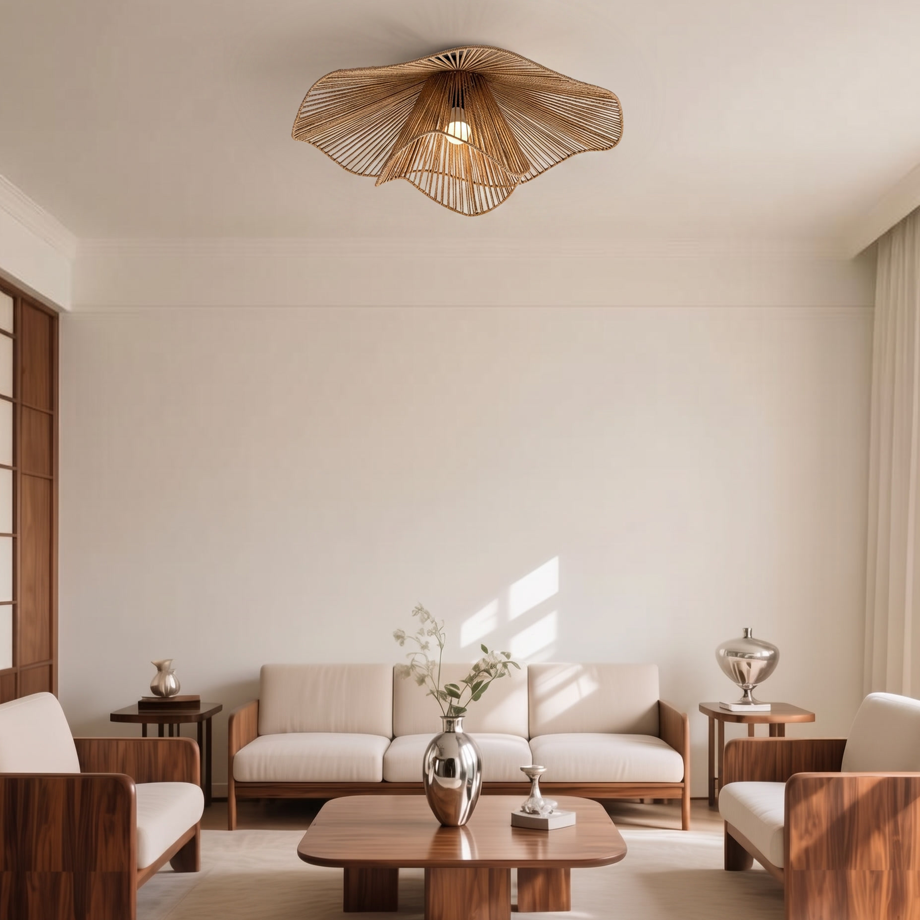 Retro Wavy Woven Paper Rope Flush Mount Ceiling Light  for Living Room Bedroom