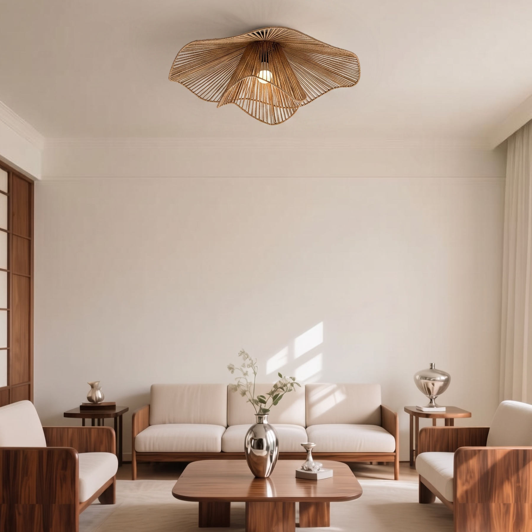 Retro Wavy Woven Paper Rope Flush Mount Ceiling Light  for Living Room Bedroom