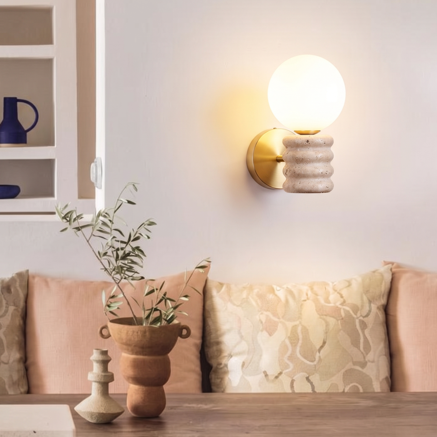 Modern Yellow Travertine Wall Sconce-Nordic Fluted Stone Wall Sconce Light for Bedroom Living Room Hallway