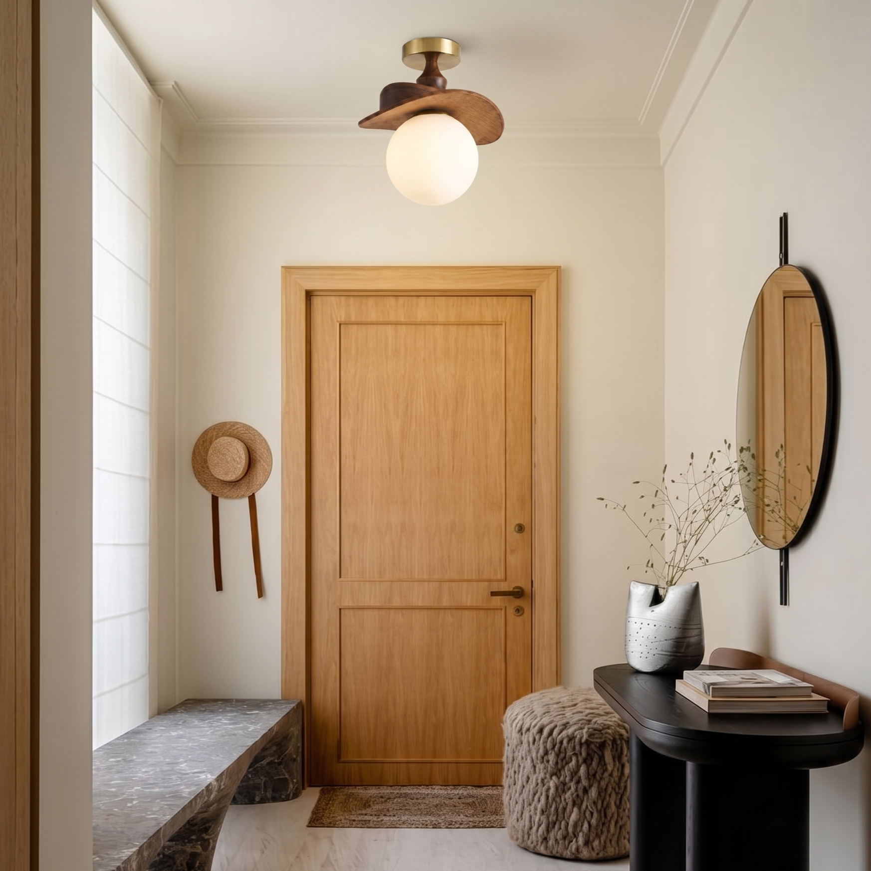 French Vintage Wavy Raffia Ceiling Light for Entrance Hallway