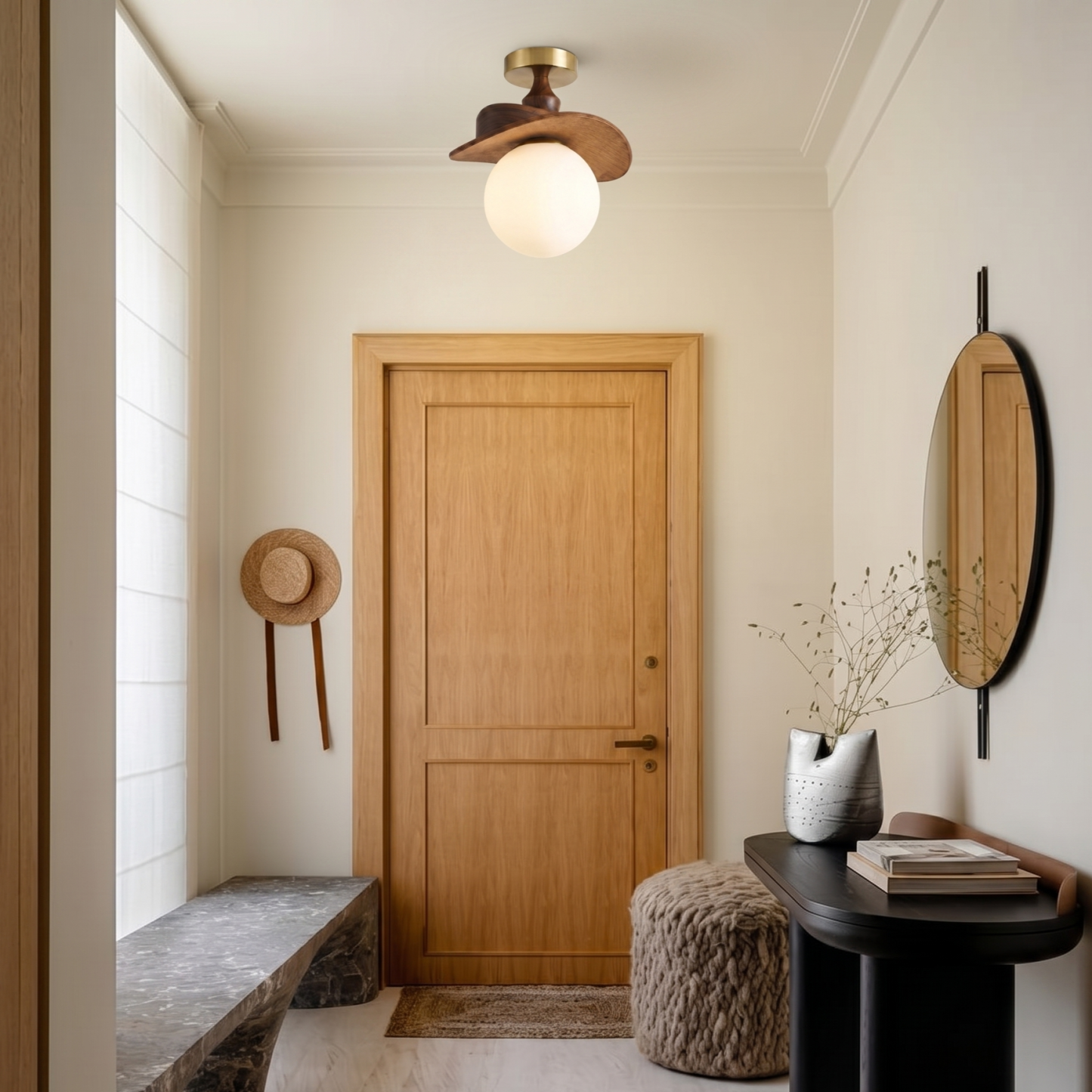 French Vintage Wavy Raffia Ceiling Light for Entrance Hallway