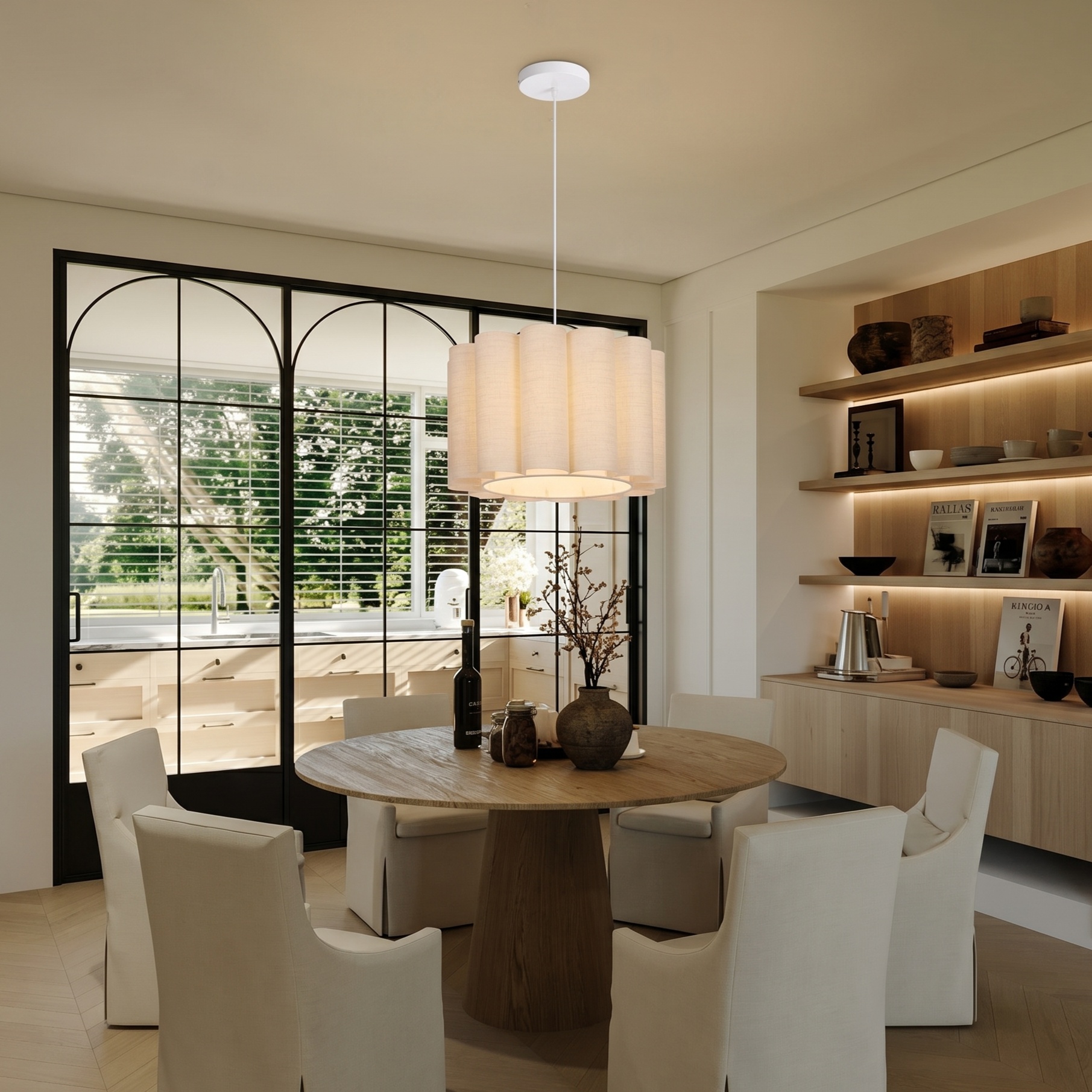 Modern Scalloped Fabric Pendant Light, Elegant Fabric Drum Chandelier  for BedroomLiving Room 