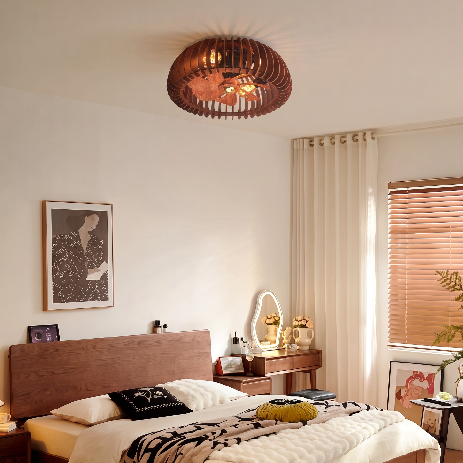 Handcrafted Wooden Cage Ceiling Fan Light Rustic Vintage Cage Chandelier Fan for Bedroom Living Room