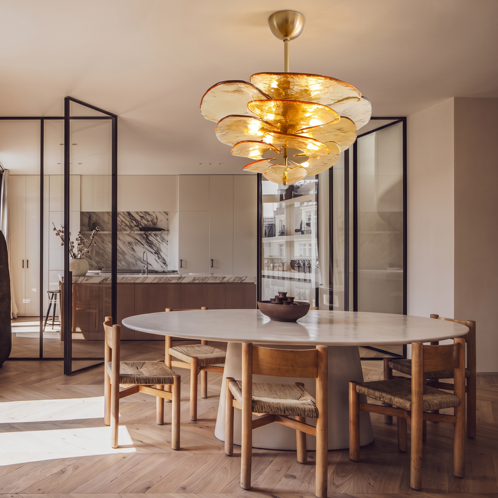 Mid-Century Modern Amber Petal Chandelier for Living Room Dining Area