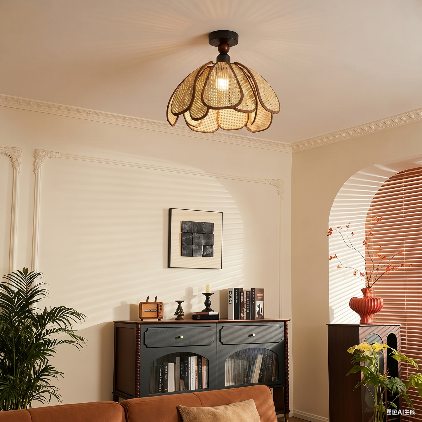Japanese Wabi-Sabi Woven Rattan Flower Ceiling Lamp for Hallway Entryway