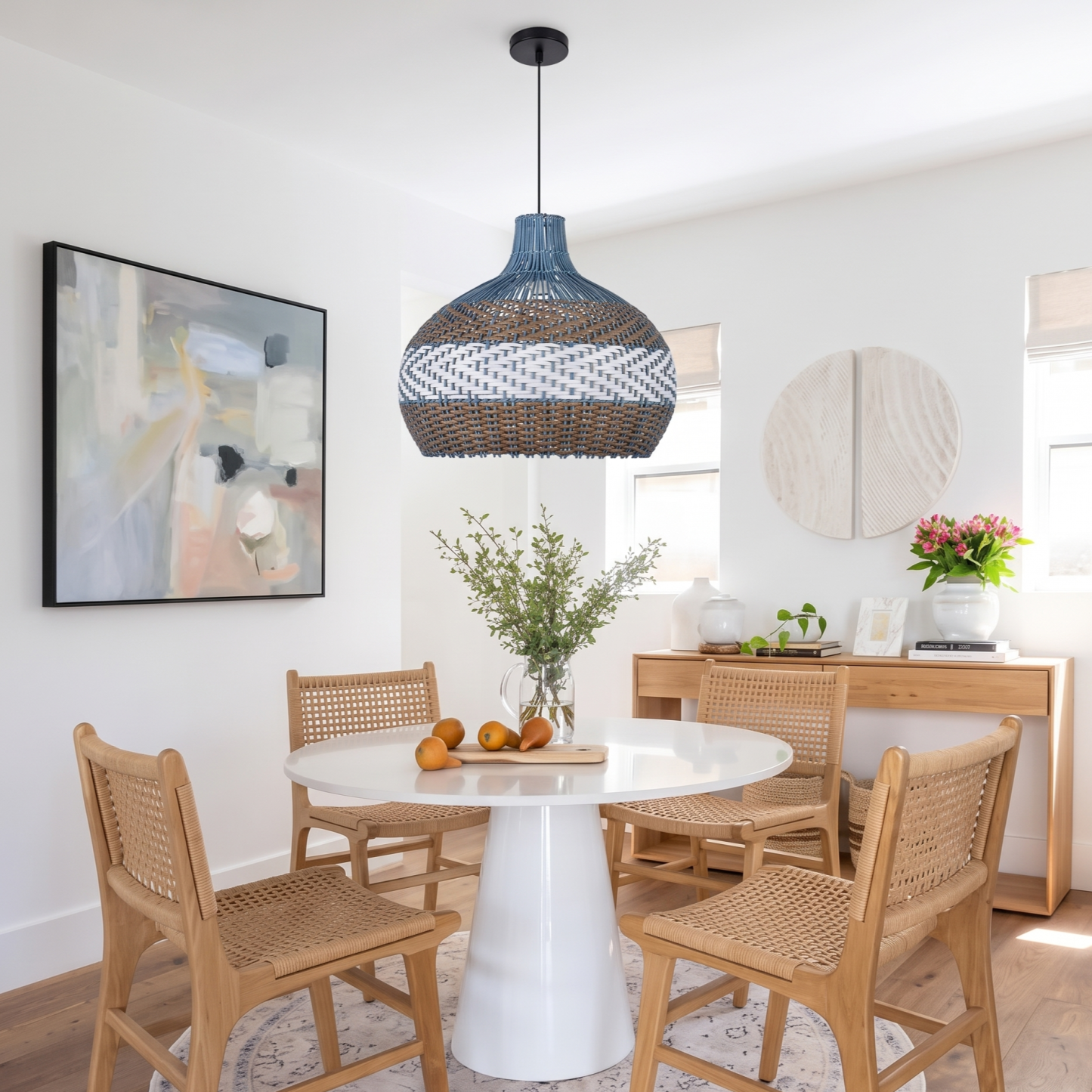 Unique Blue Rattan Pendant Light-Coastal Boho Dome Hanging Lamp for Kitchen Island 