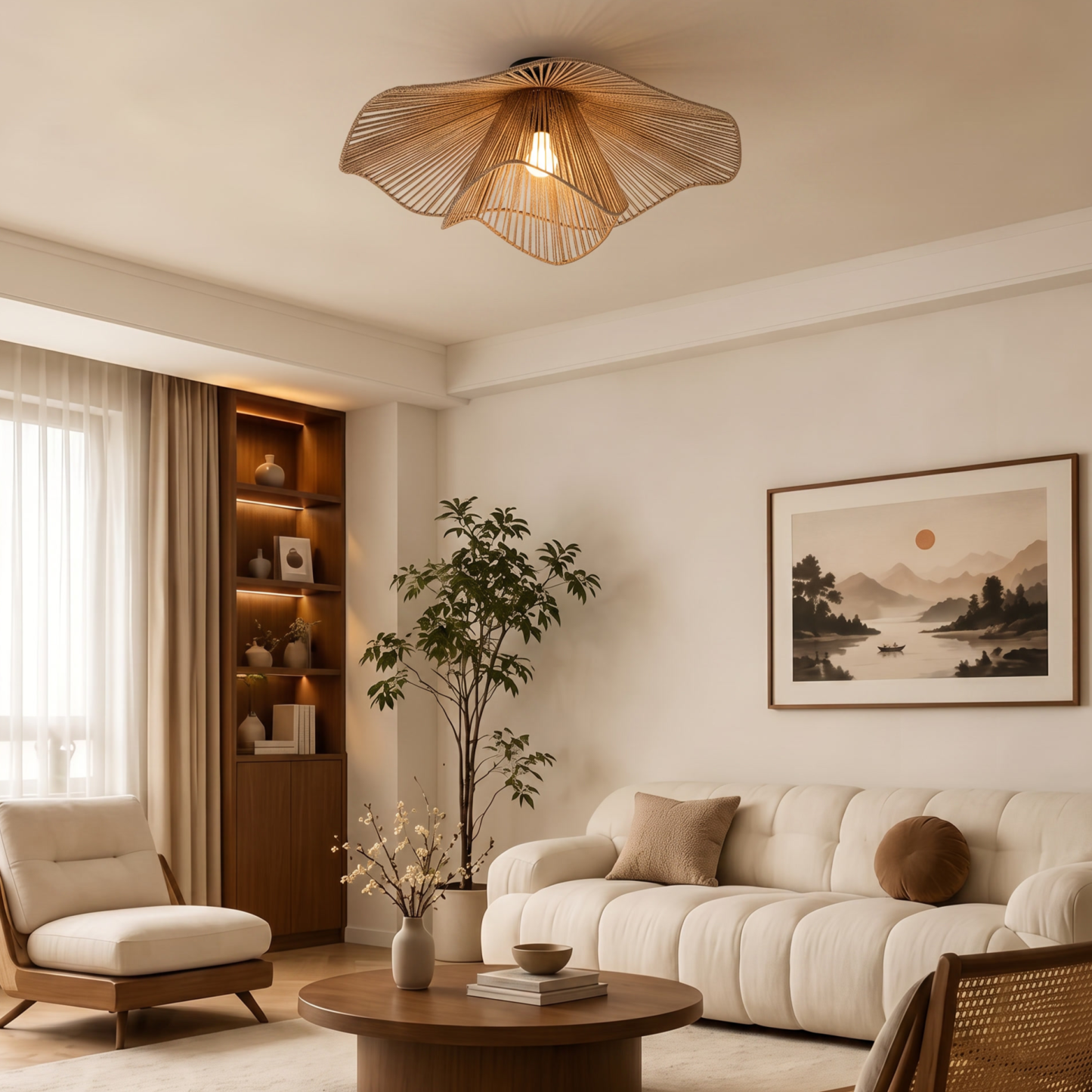 Retro Wavy Woven Paper Rope Flush Mount Ceiling Light  for Living Room Bedroom