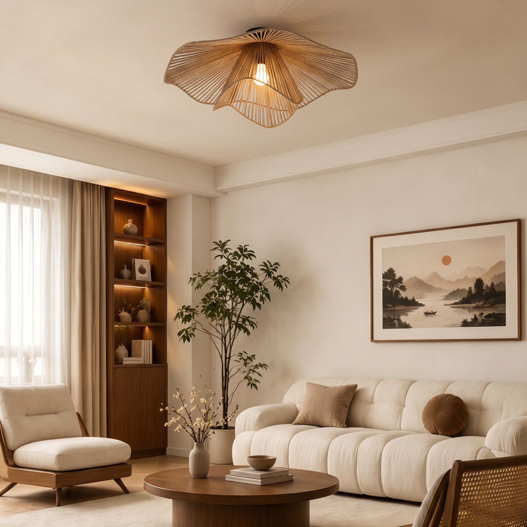 Retro Wavy Woven Paper Rope Flush Mount Ceiling Light  for Living Room Bedroom