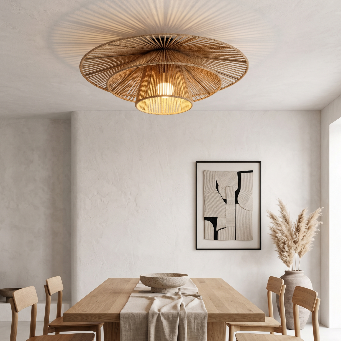 Boho Handmade Double-Layer Rope Flush-Mount Ceiling Light Bedroom Living Room and Hallway
