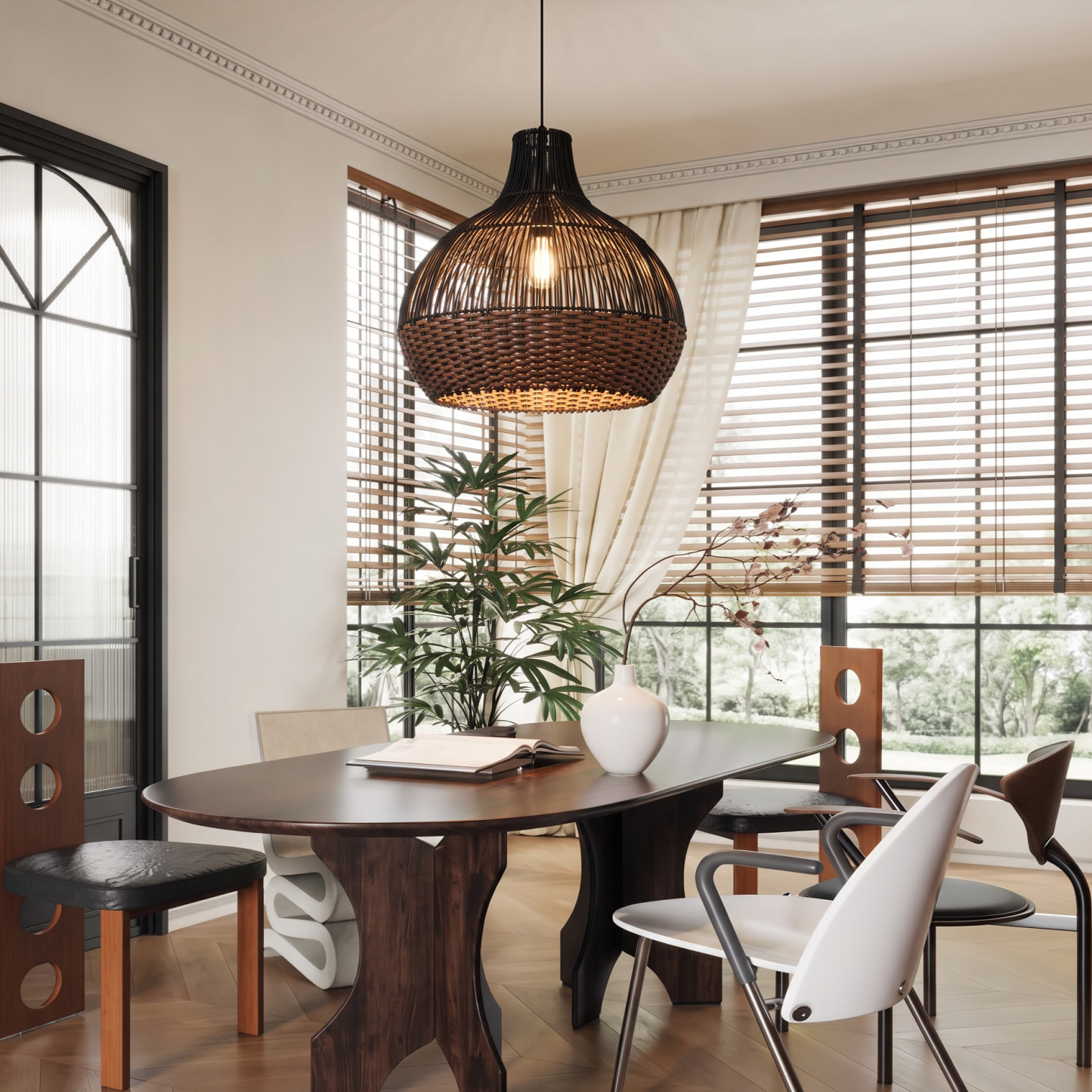 Black Woven Rattan Pendant Light – Handcrafted Boho Farmhouse Hanging Lamp for Dining Room Kitchen Living Room