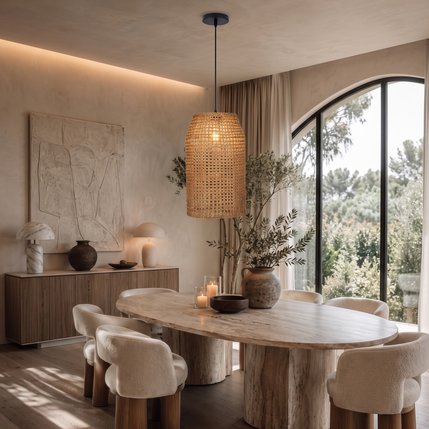 Handwoven Boho Rattan Pendant Light for Kitchen Island Dining Room 