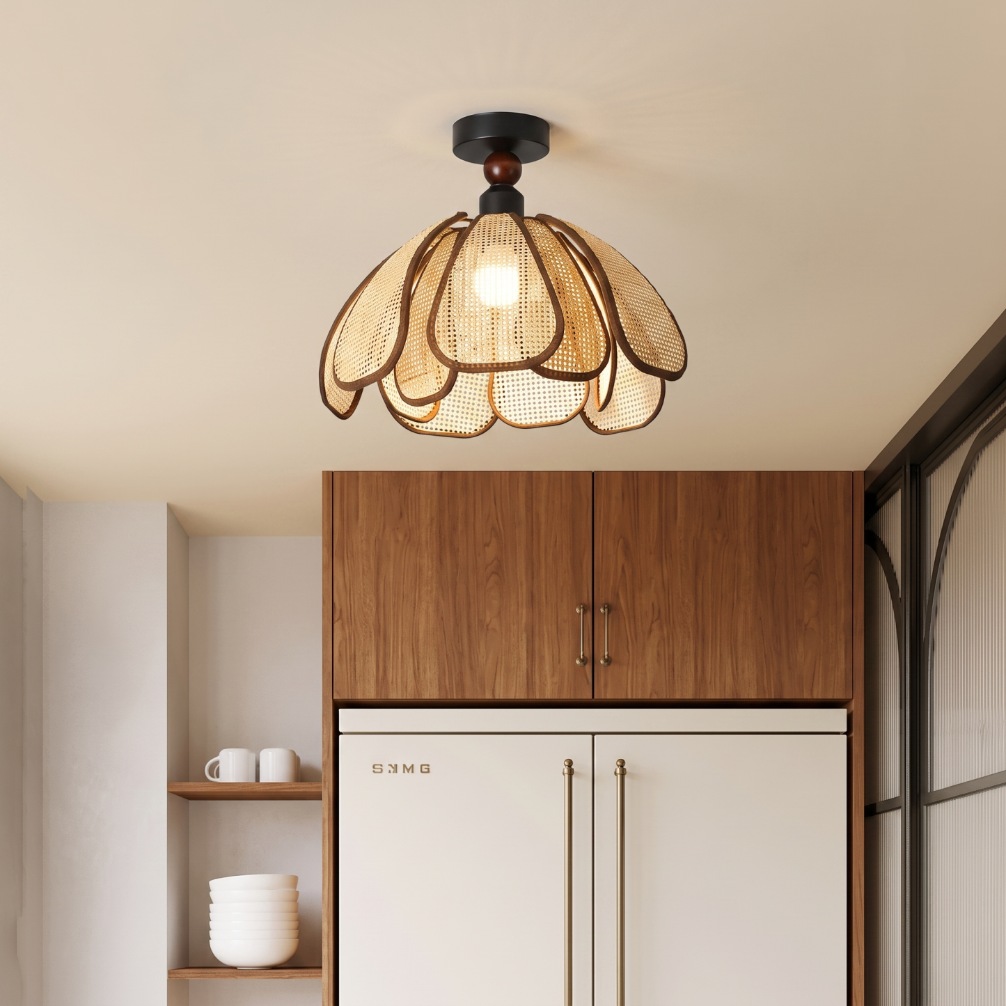 Japanese Wabi-Sabi Woven Rattan Flower Ceiling Lamp for Hallway Entryway