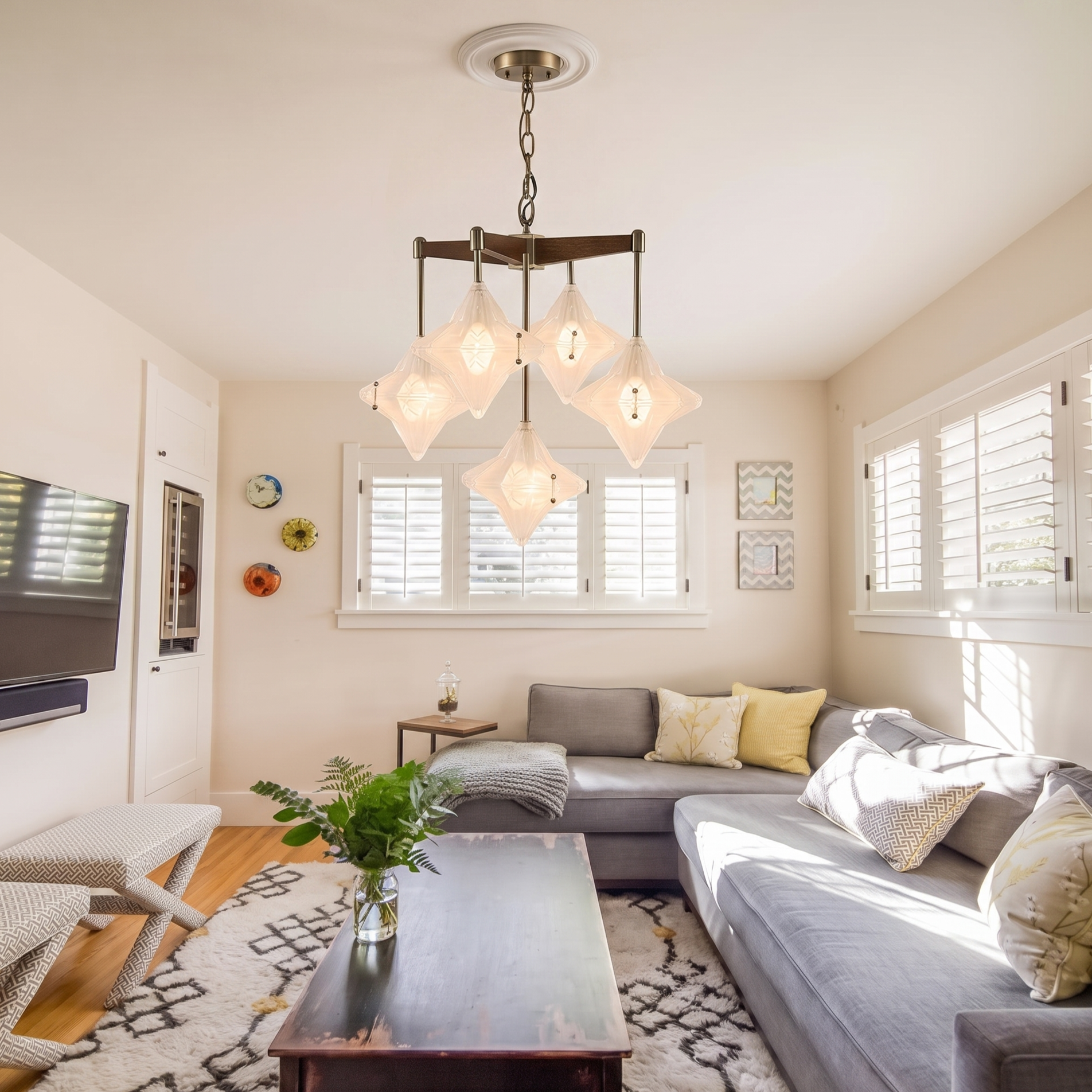 Mid-Century Modern Starburst Glass Chandelier Solid Wood Pendant Fixture for Dining Room Living Room Kitchen Island