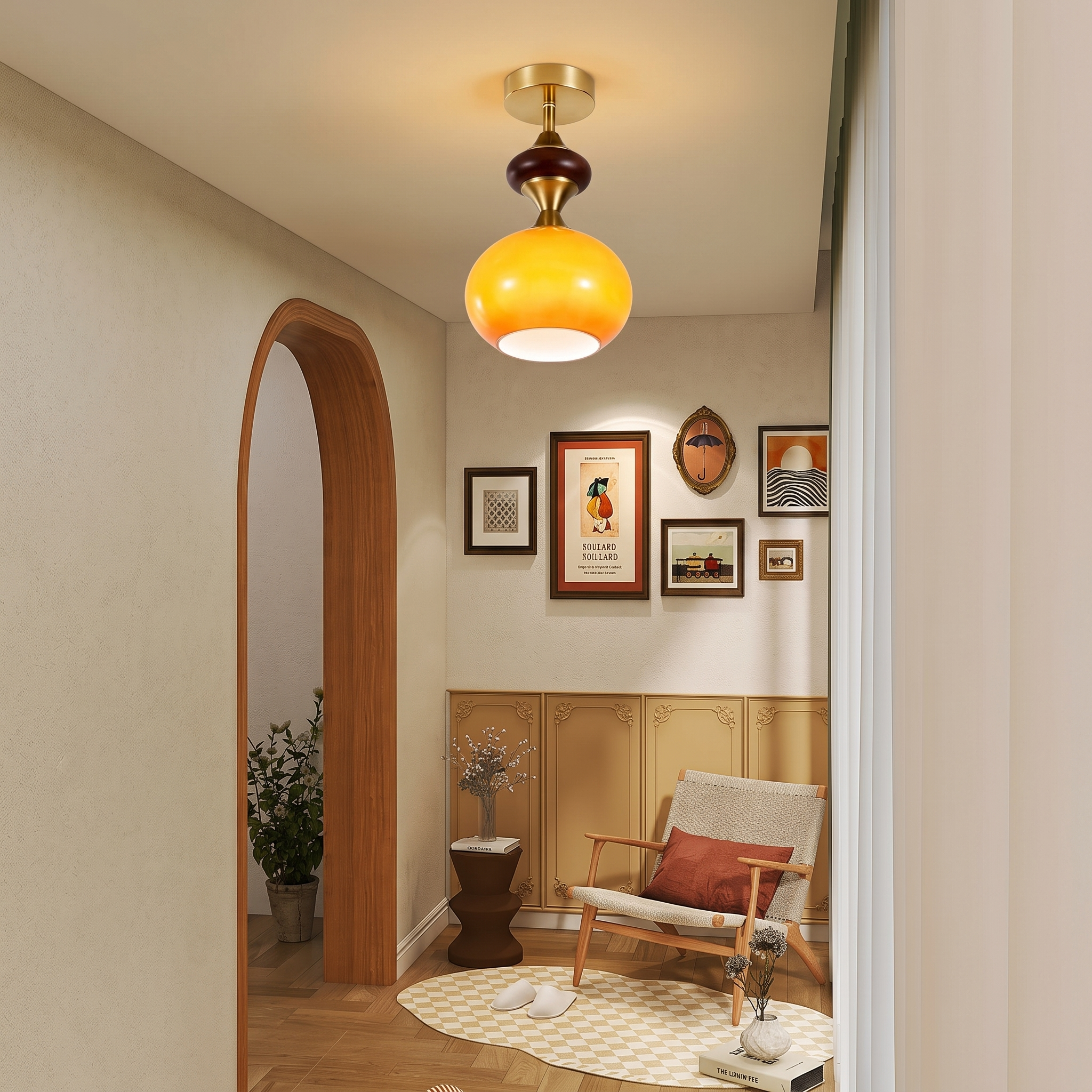 Vintage Amber Glass Semi-Flush Ceiling Light for Entryway Corridor