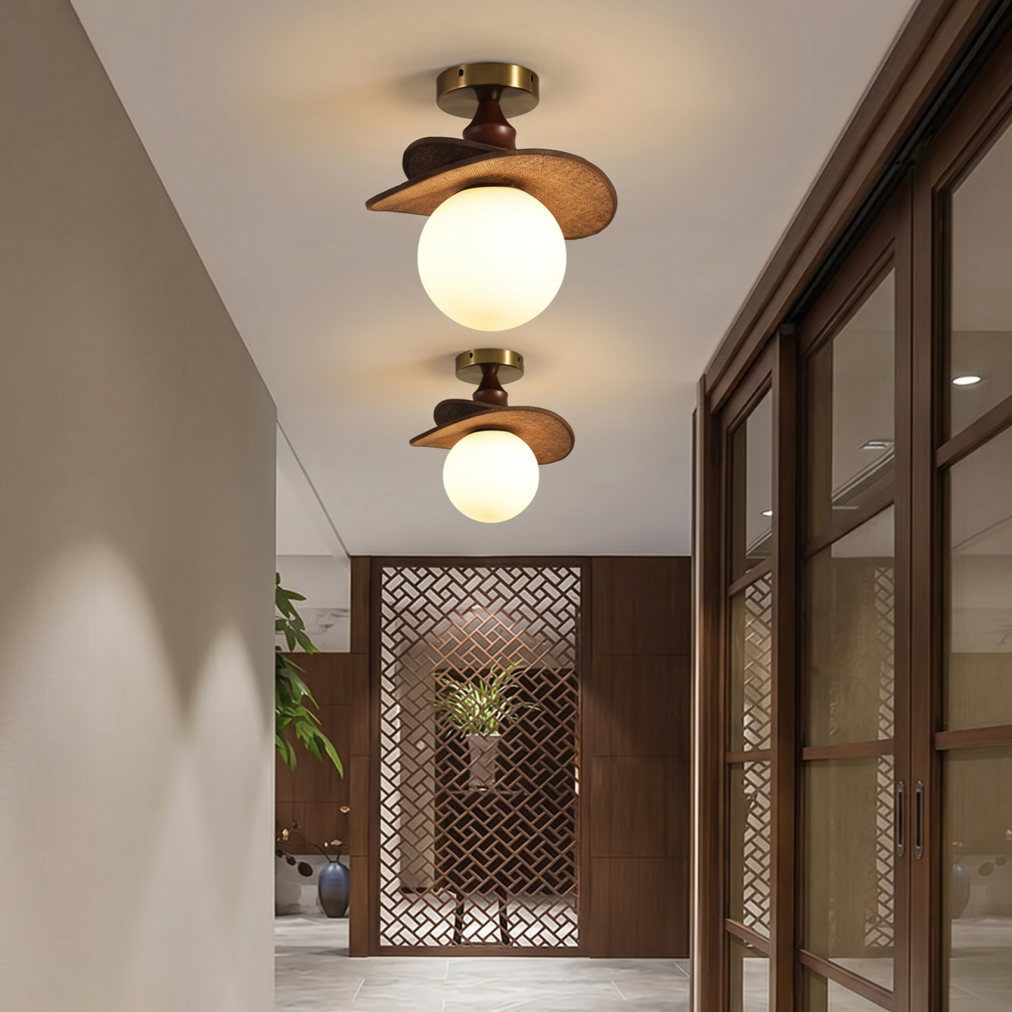 French Vintage Wavy Raffia Ceiling Light for Entrance Hallway