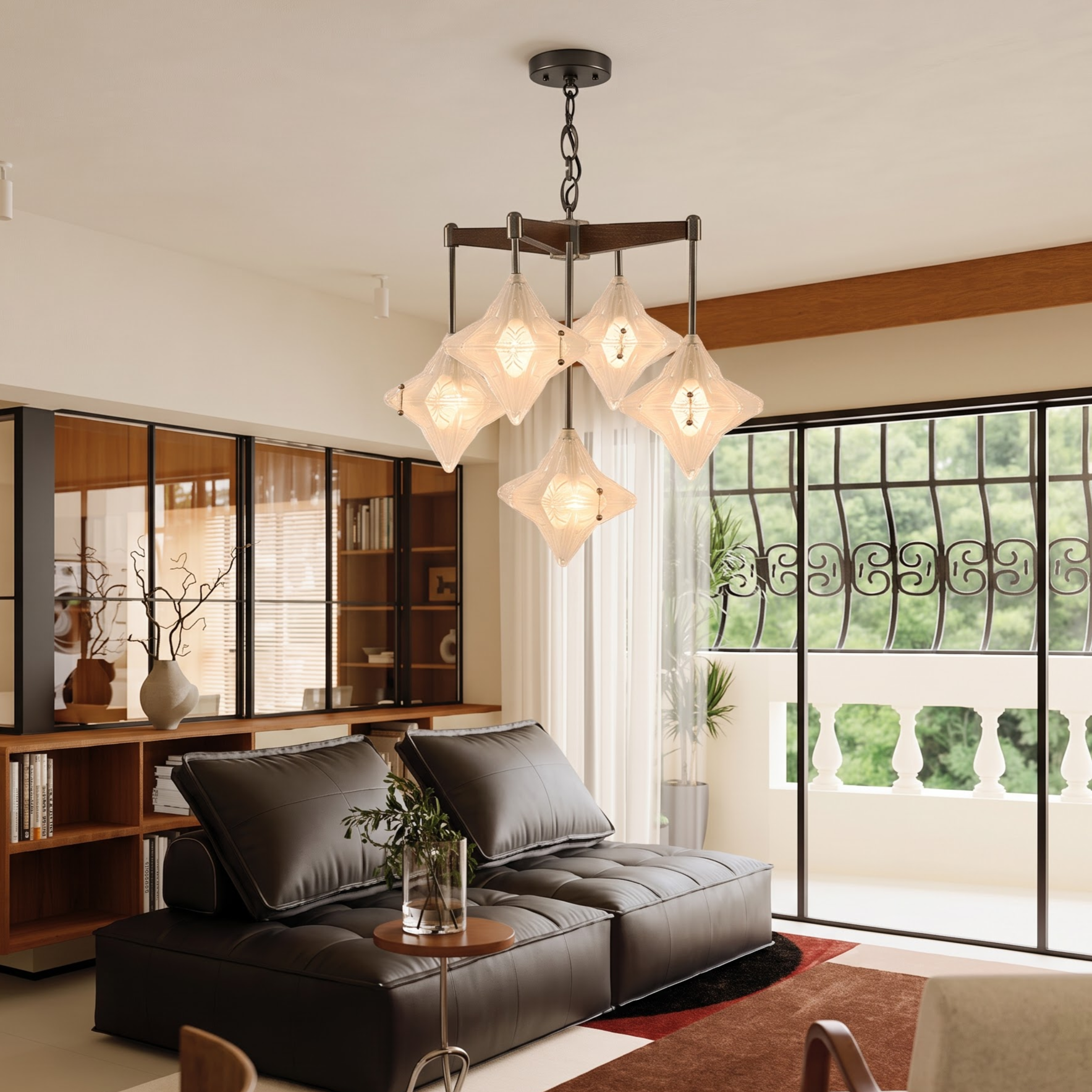 Mid-Century Modern Starburst Glass Chandelier Solid Wood Pendant Fixture for Dining Room Living Room Kitchen Island