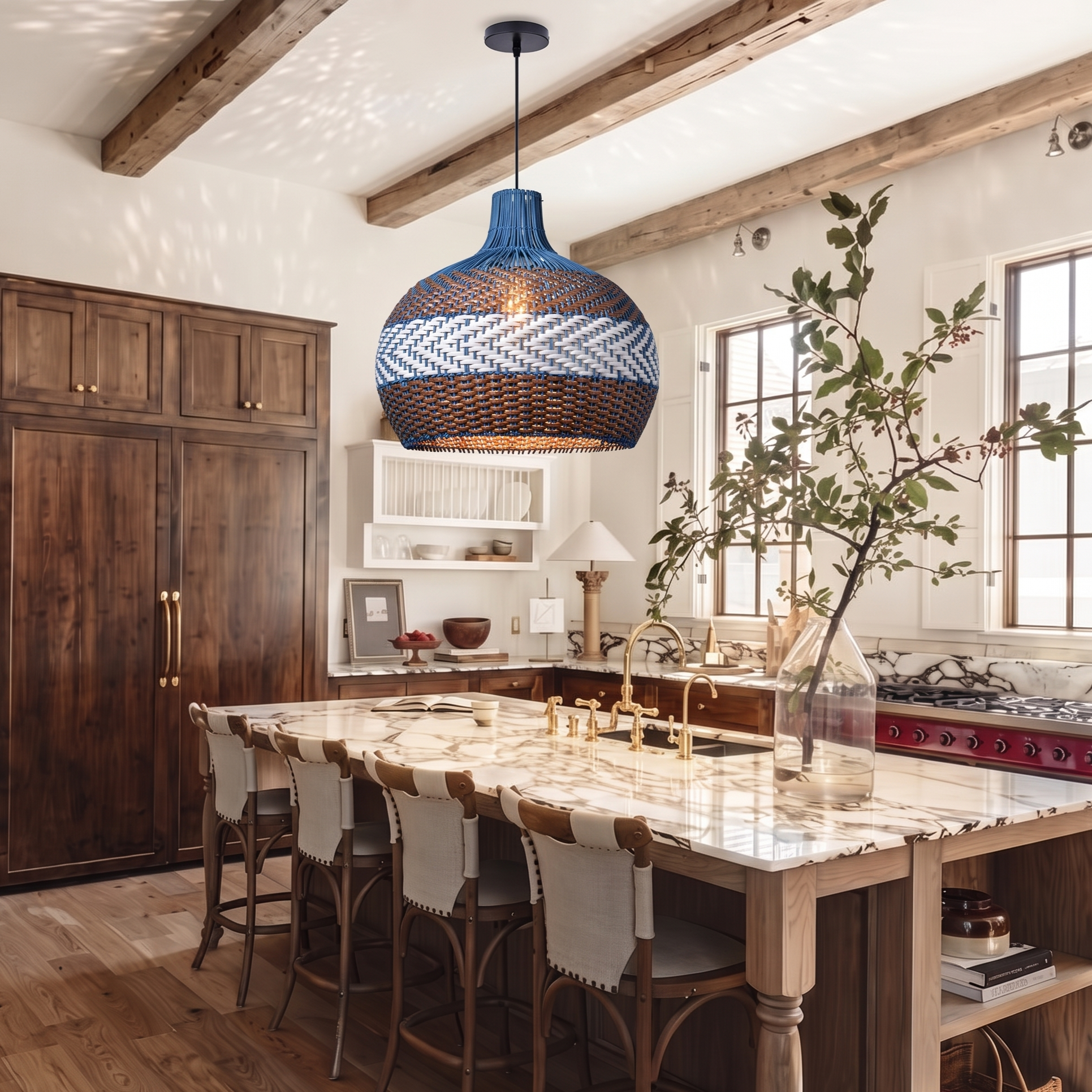 Handwoven blue brown and white pendant light for dining room