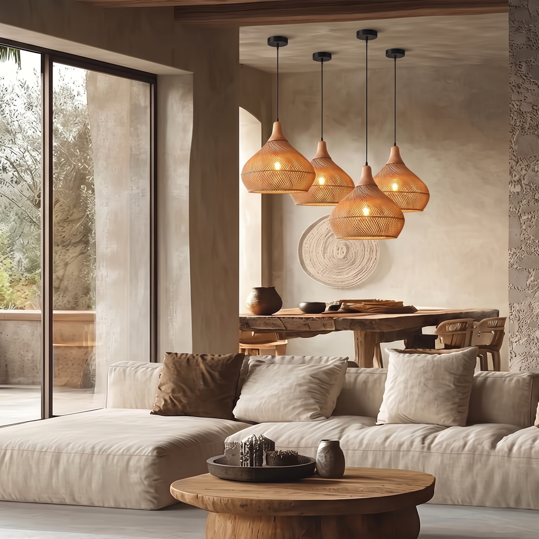 Handcrafted Rattan Pendant Light Retro Wabi-Sabi-style Chandelier for Dining Room Kitchen Island