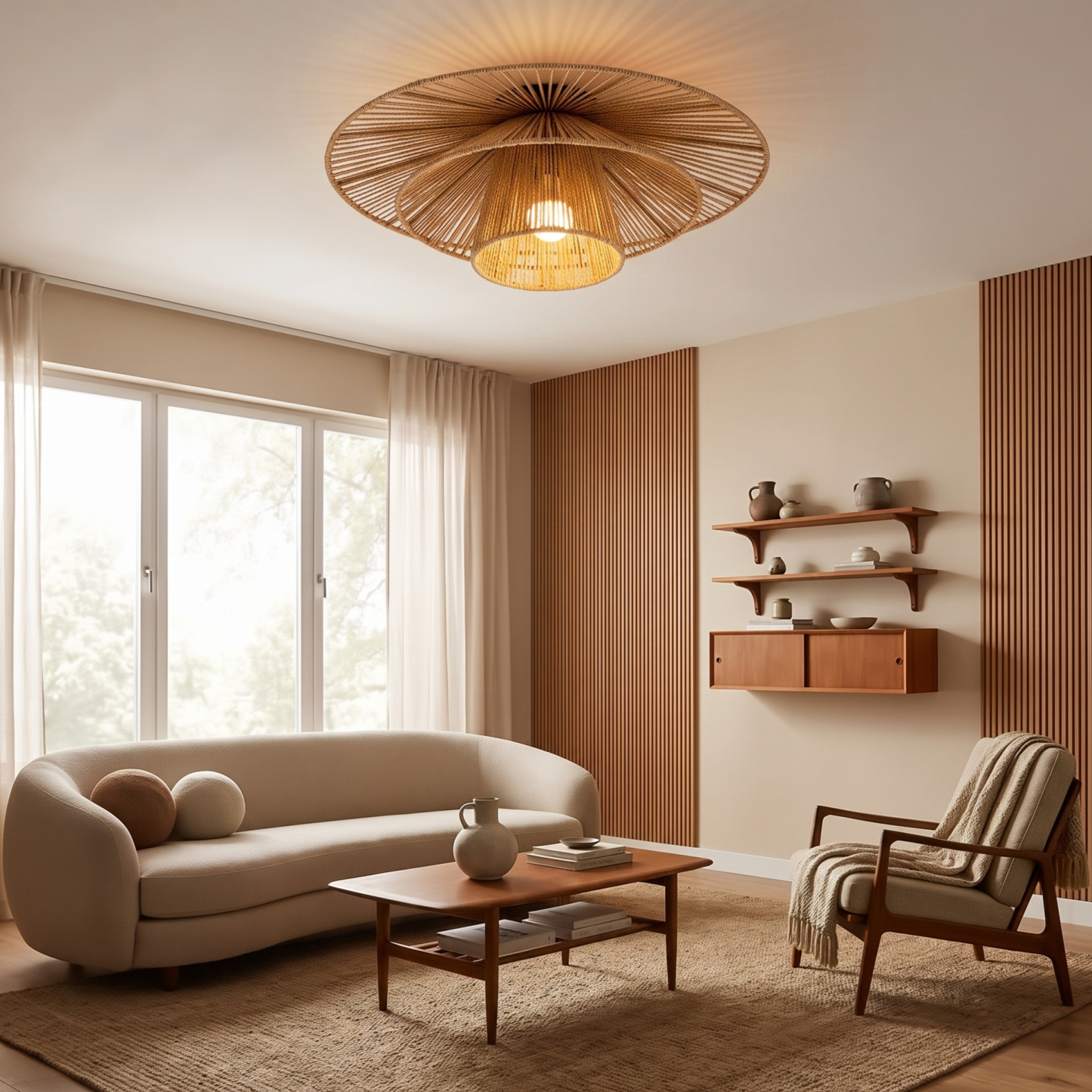 Boho Handmade Double-Layer Rope Flush-Mount Ceiling Light Bedroom Living Room and Hallway