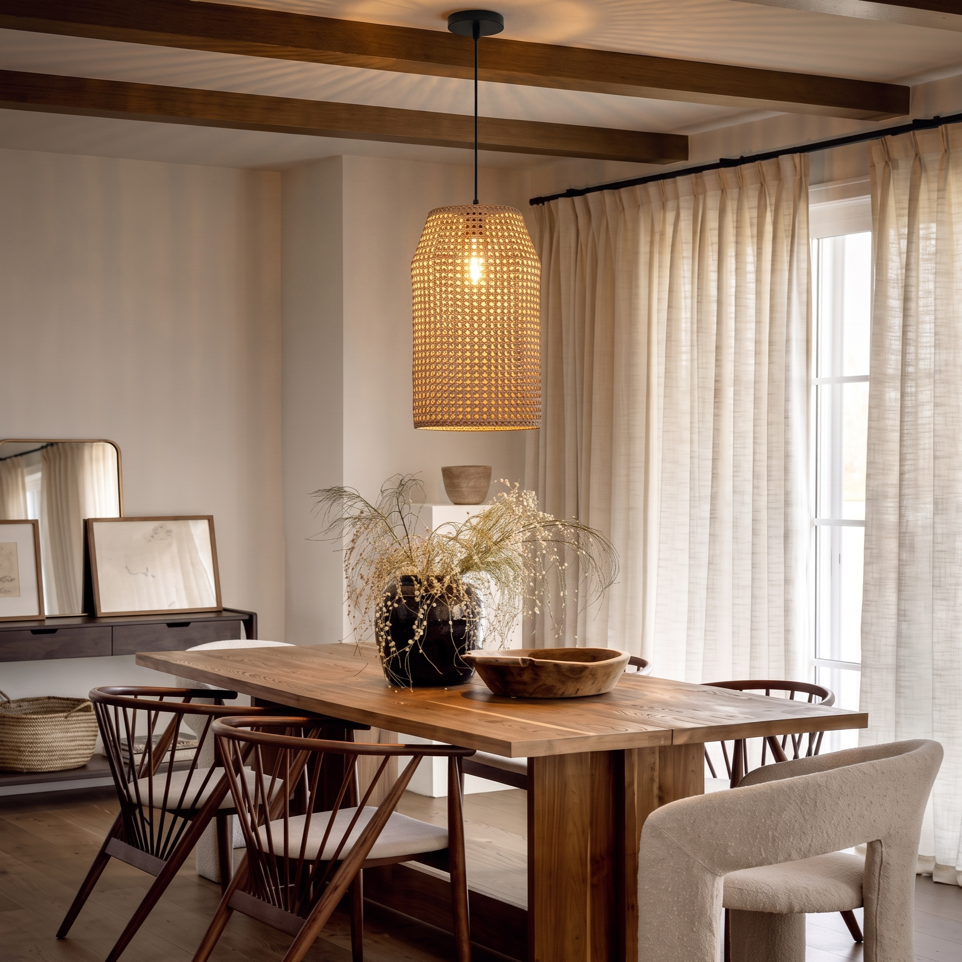 Handwoven Boho Rattan Pendant Light for Kitchen Island Dining Room 