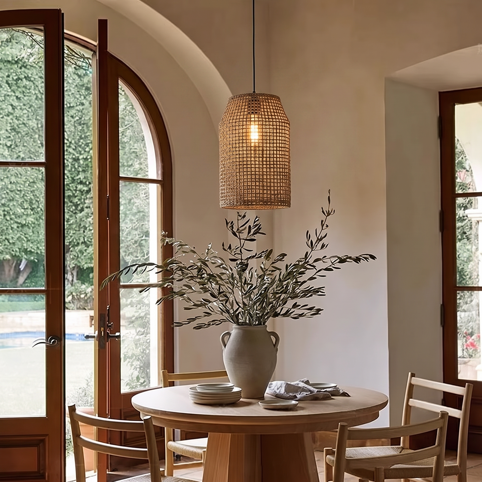 Handwoven Boho Rattan Pendant Light for Kitchen Island Dining Room 