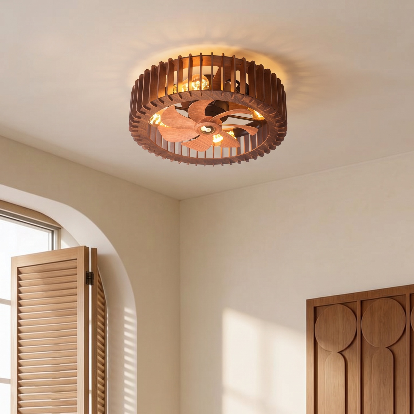 Vintage Wooden Cage Ceiling Fan with Lights Flush Mount Rustic Ceiling Fan for Bedroom Living Room