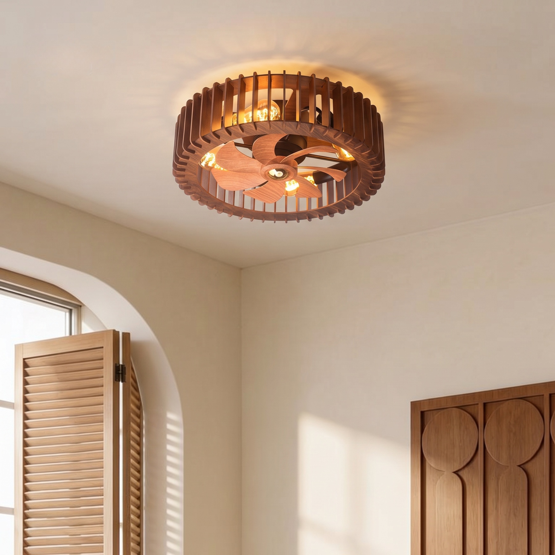 Vintage Wooden Cage Ceiling Fan with Lights Flush Mount Rustic Ceiling Fan for Bedroom Living Room