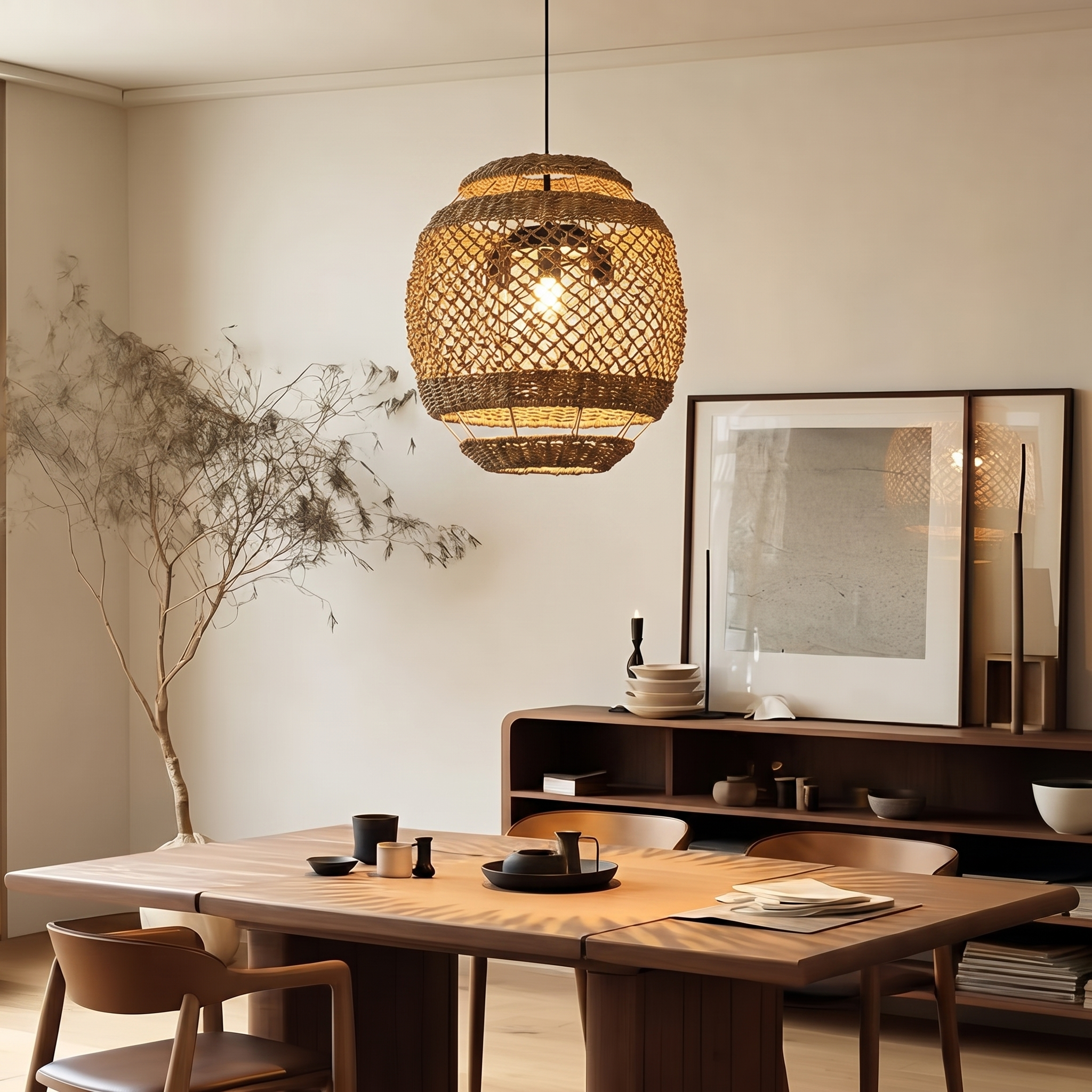 Handwoven Rattan Pendant Light Coastal Boho Hanging Chandelier for the Dining Room