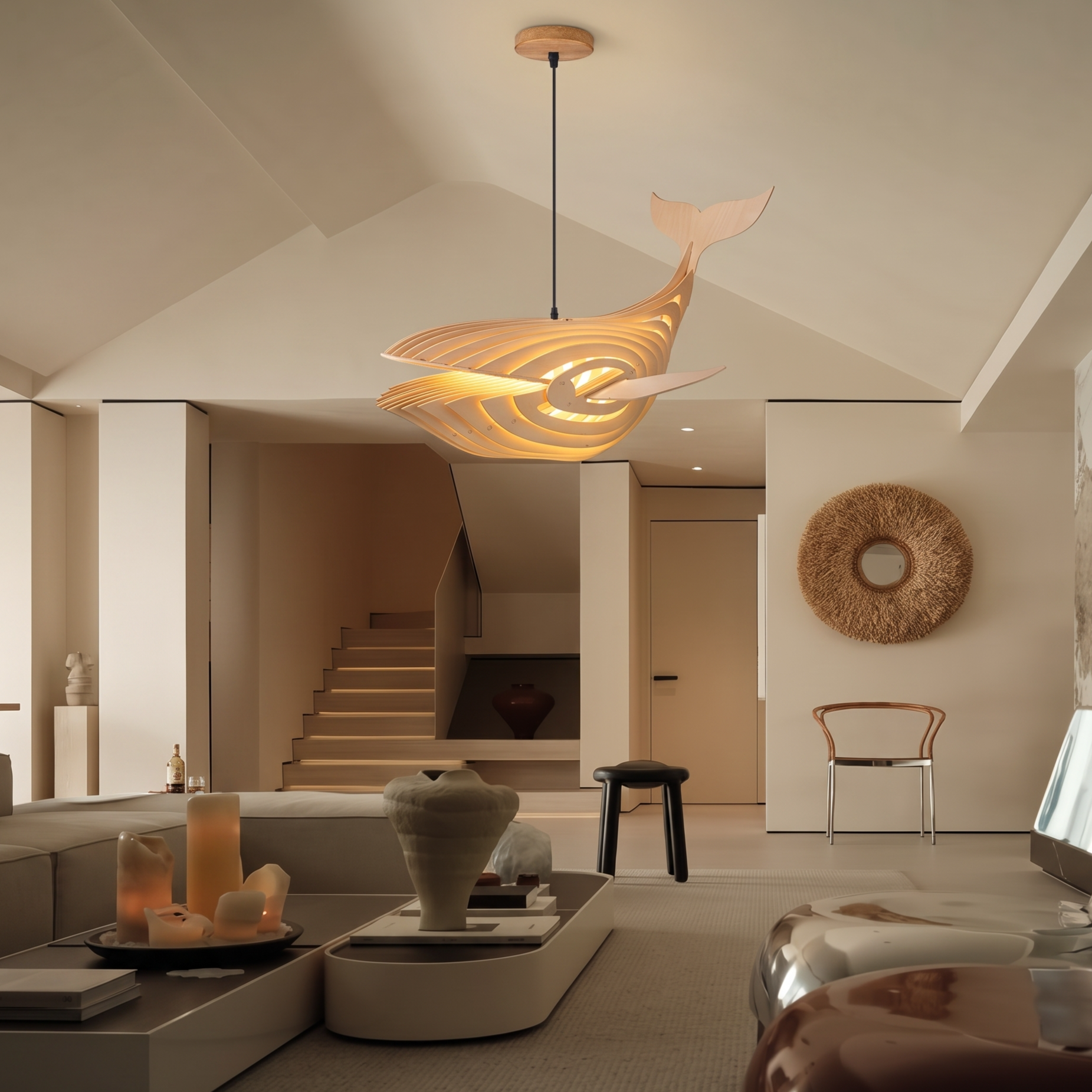 Creative Solid Wood Whale Fish Pendant Lamp-Modern Marine Art Ceiling Hanging Lamp for Nursery Living Room Dining Room & Kids Room