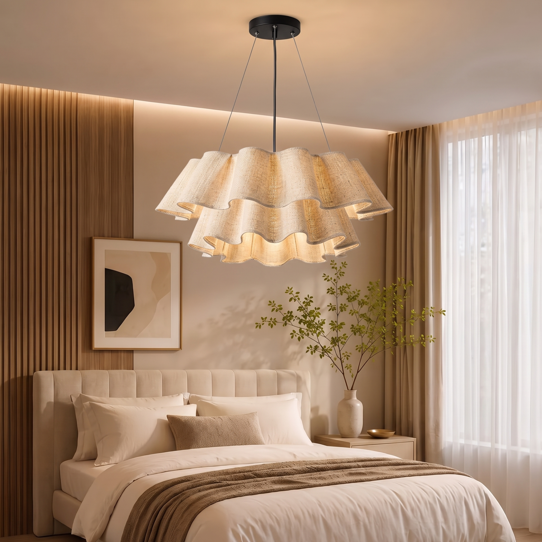 Nordic Wavy Linen Tiered Pendant Light – Modern Boho Pleated Fabric Chandelier for Dining Room & Living Room