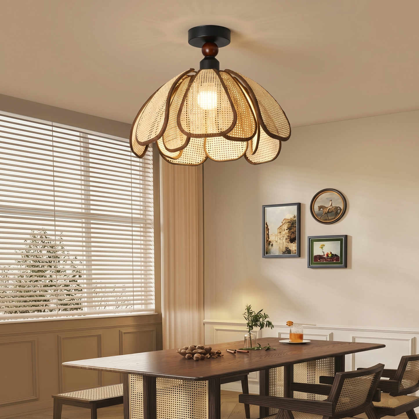 Japanese Wabi-Sabi Woven Rattan Flower Ceiling Lamp for Hallway Entryway
