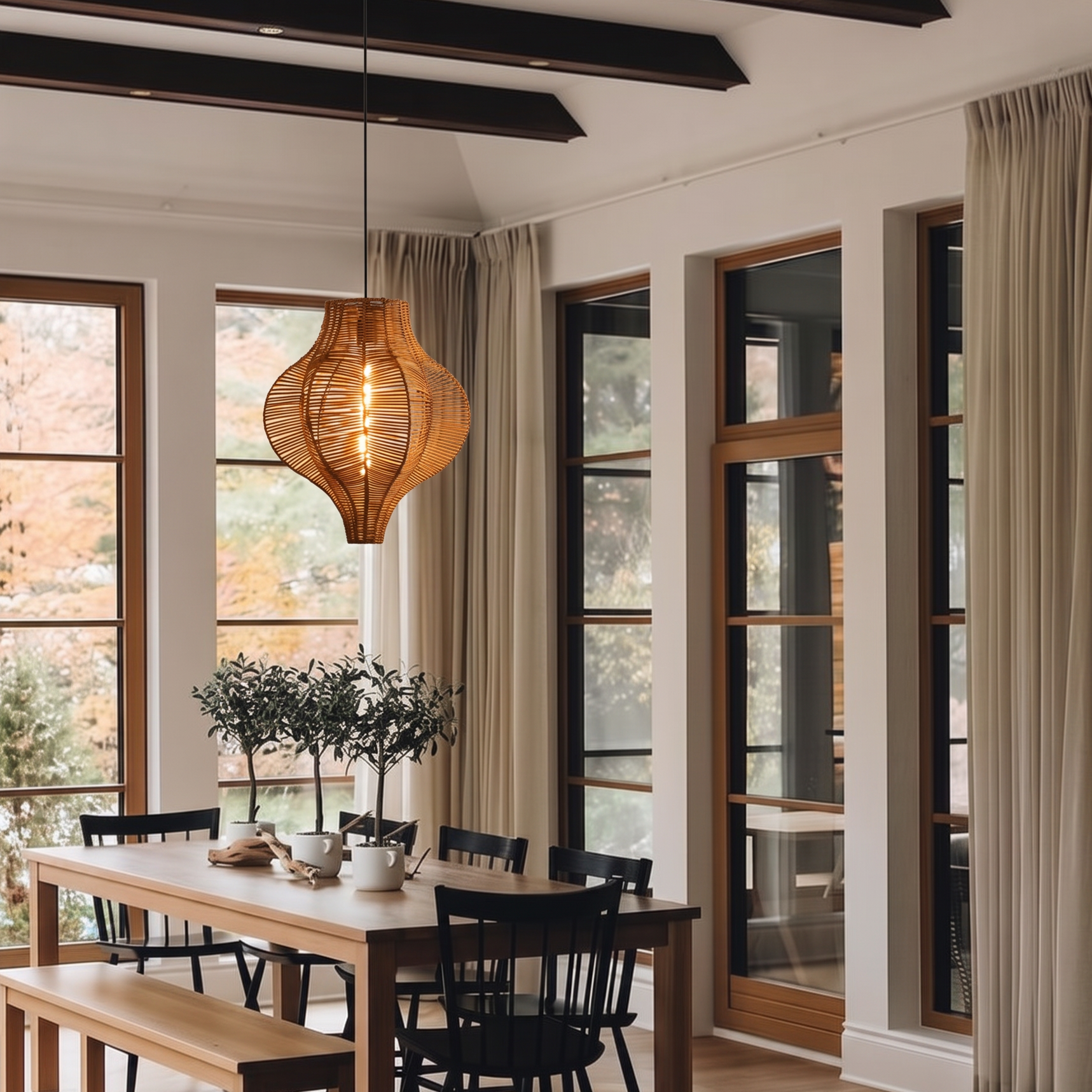 Coastal Style Woven Basket Rattan Pendant Light for Dining Room Kitchen Island