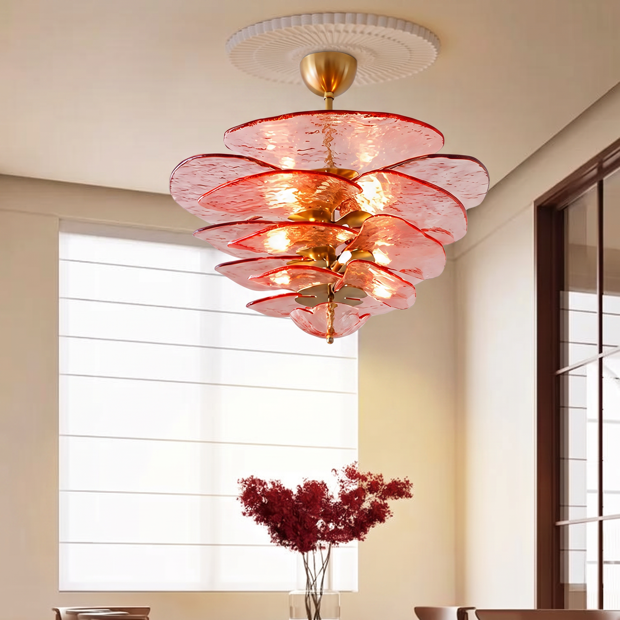 Mid-Century Modern Amber Petal Chandelier for Living Room Dining Area