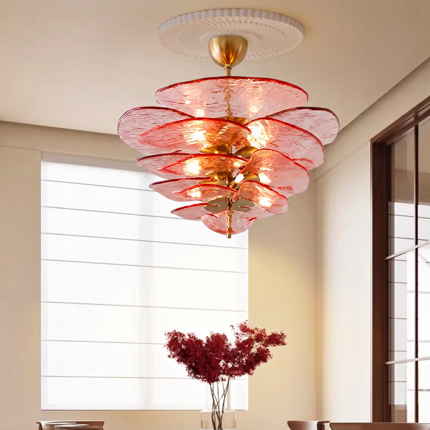 Mid-Century Modern Amber Petal Chandelier for Living Room Dining Area