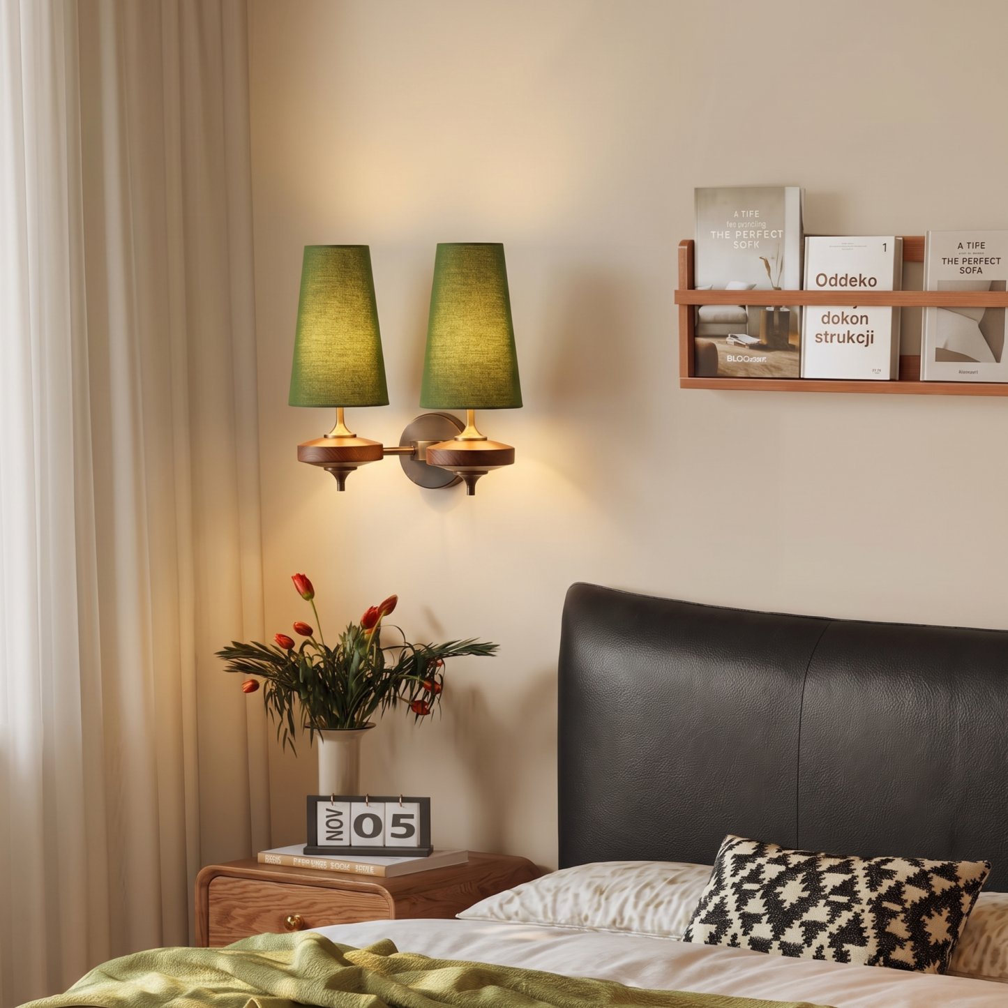 Modern Mid-Century Fabric Wall Sconce Elegant Dark Wood Accent Sconce for the Bedroom Living Room and Hallway