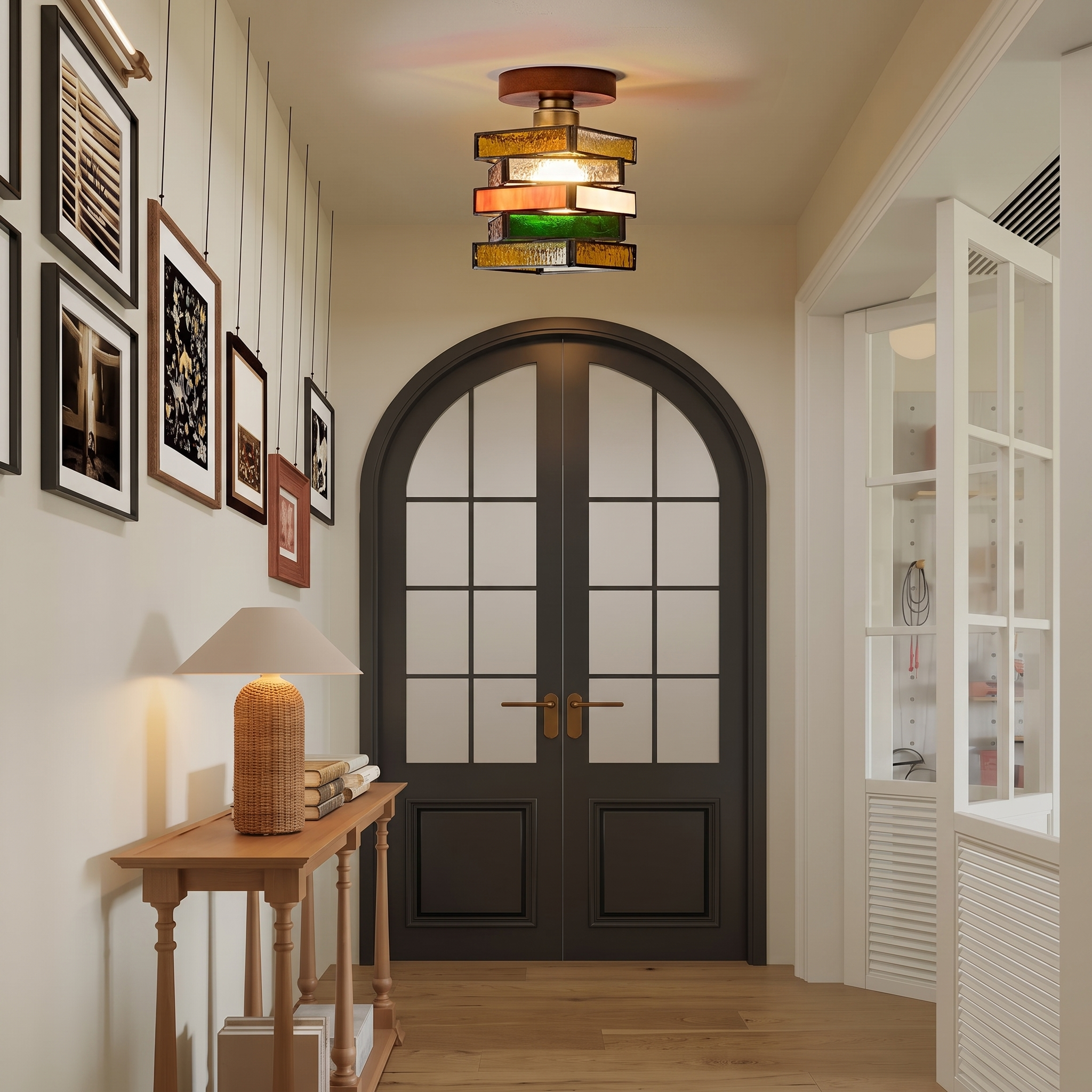 Retro Mid-Century Geometric Stained Glass Ceiling Light for Hallway Entryway Bedroom