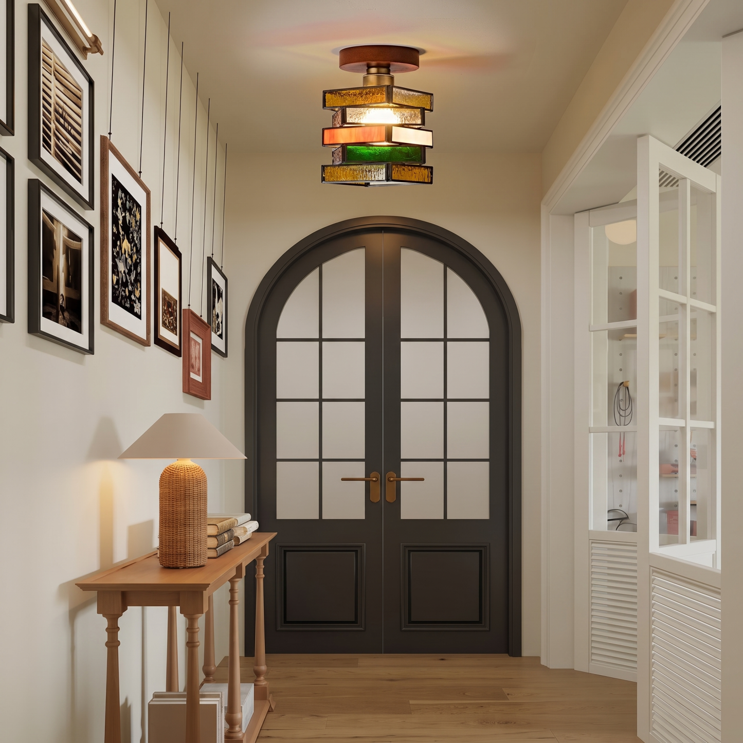 Retro Mid-Century Geometric Stained Glass Ceiling Light for Hallway Entryway Bedroom