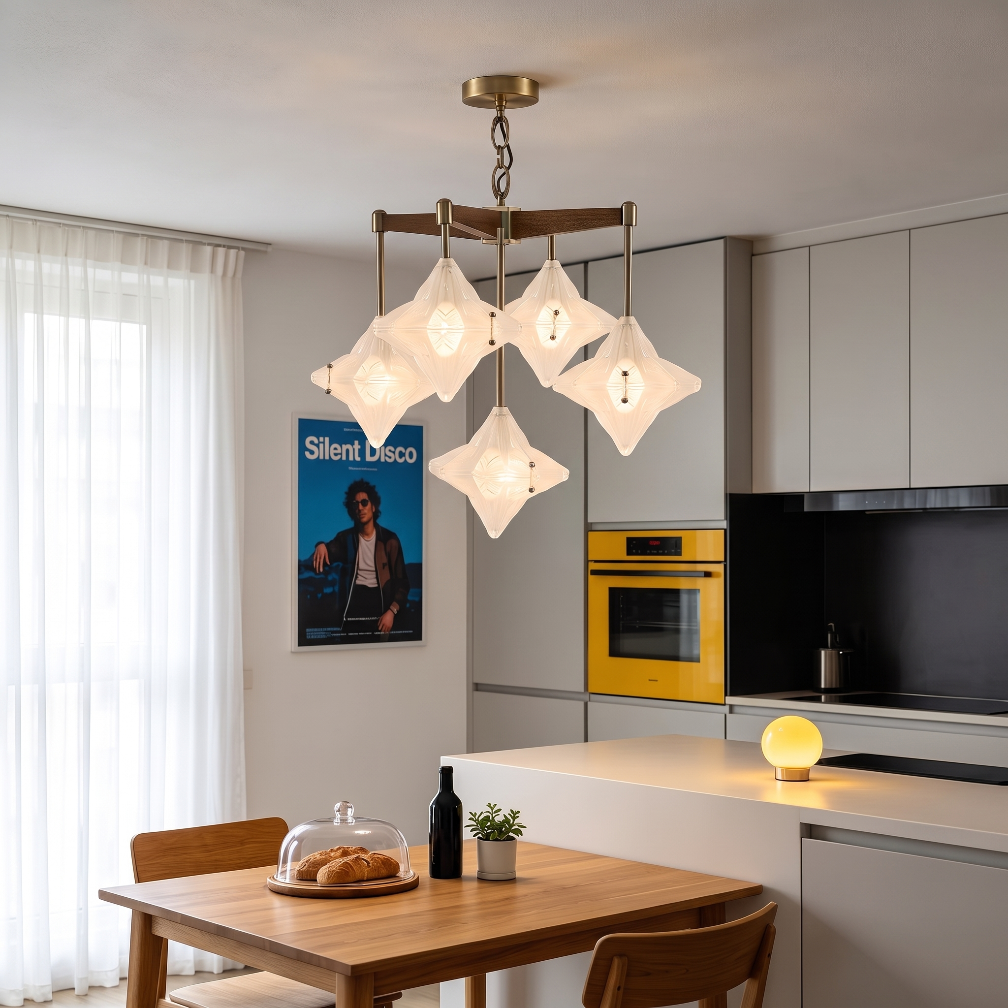 Mid-Century Modern Starburst Glass Chandelier Solid Wood Pendant Fixture for Dining Room Living Room Kitchen Island