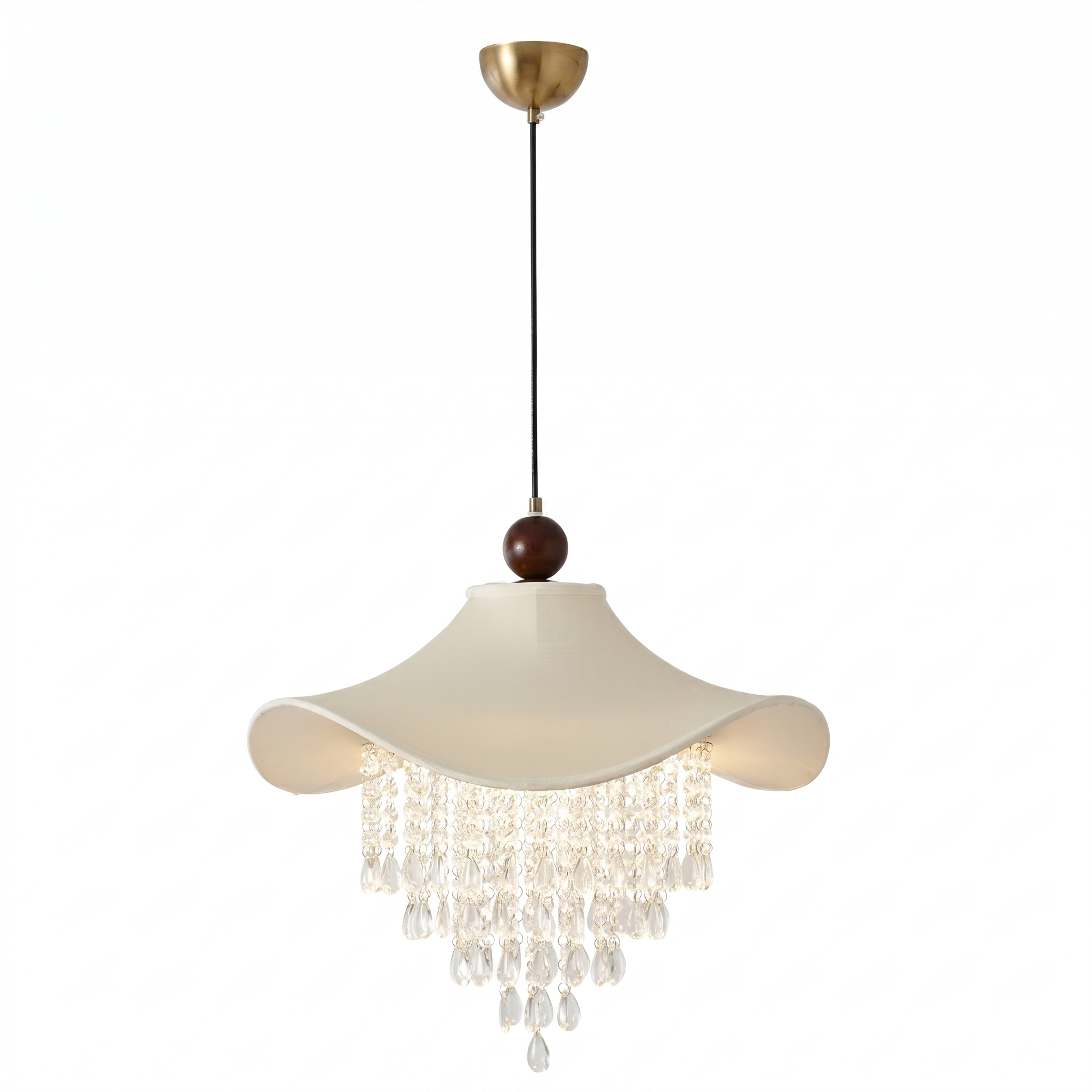 French Country Crystal Chandelier, Vintage Fabric Pendant Light for Living Room