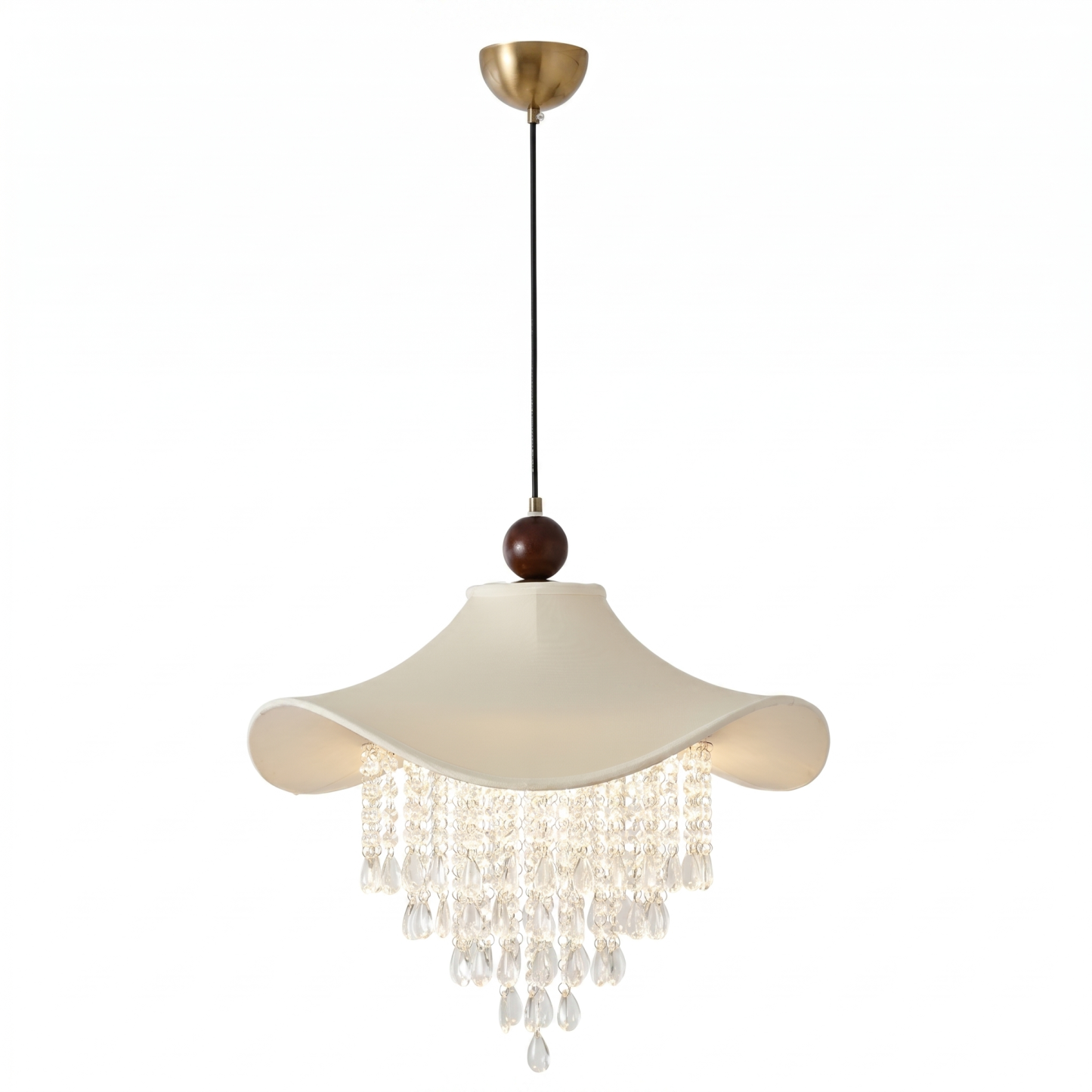 French Country Crystal Chandelier, Vintage Fabric Pendant Light for Living Room